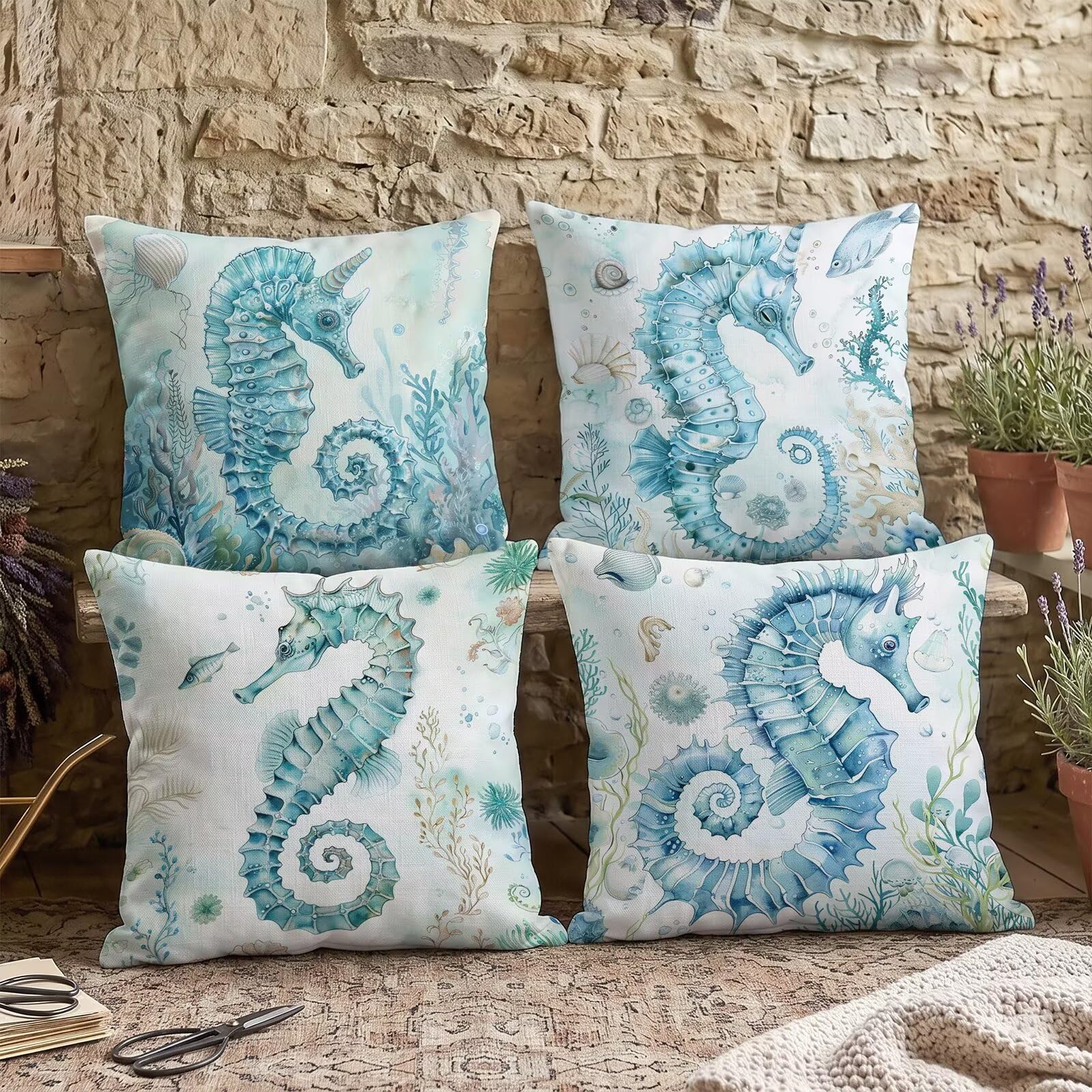 Federe Cuscini Divano 60x60cm Set di 4 Stampa Fronte-Retro Oceano Haima in Lino Copricuscini, Cuscini da Esterno Impermeabili per Soggiorno Camera da Letto Giardino & Arredamento Casa C-O163