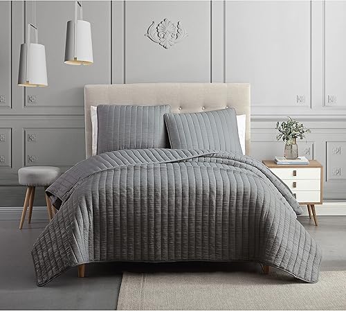 Miniatura 2 de Riverbrook Home Exclusive Quilt Collection - Juego de edredón tamaño Queen, piedra lunar, gris oscuro, juego de 3 piezas