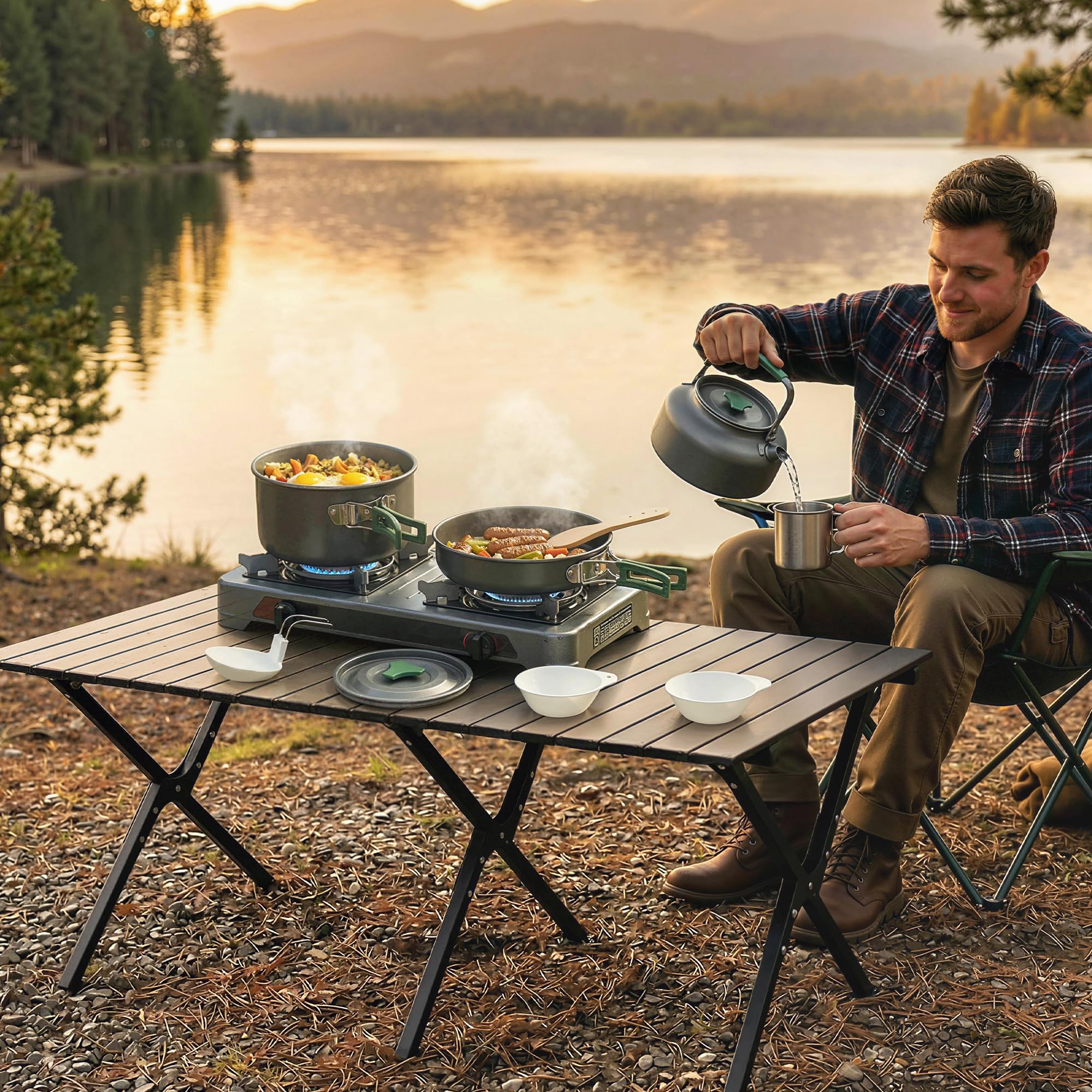 Outsunny Set di Pentole da Campeggio per 4-5 Persone, Leggero Kit da Cucina in Alluminio con Manici Anti-Scottatura, Pentole e Padelle Portatili per Escursionismo, Campeggio e Picnic, Grigio