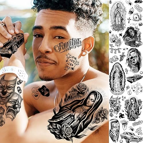 Miniatura 3 de GOROMON 6 hojas de tatuajes temporales chicanos para mujeres, hombres y adultos, kit de maquillaje facial de Halloween, calcomanías negras de