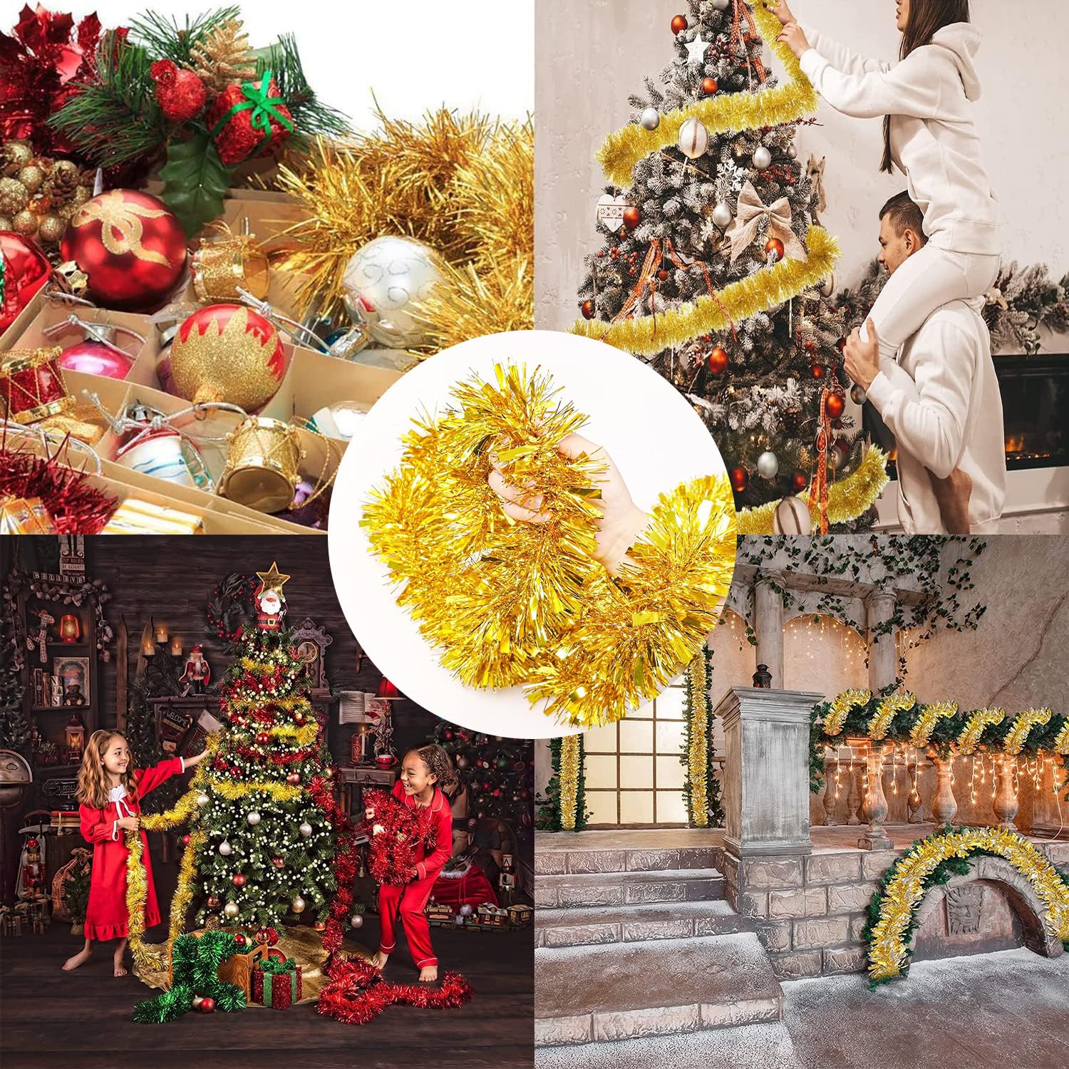 Ghirlanda Di Orpelli per Albero Di Natale Da 6 Pezzi, Ghirlanda Di Decorazioni Natalizie 2m, Ghirlanda Di Decorazioni per Albero Di Natale, Ghirlanda Di Natale (Oro)