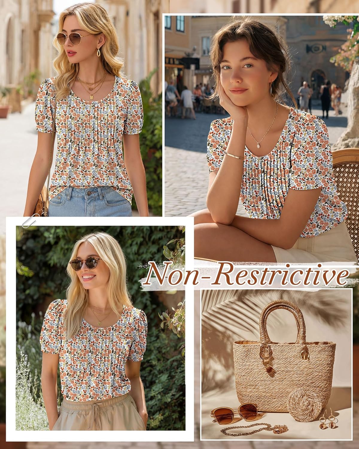 Ficerd Women's Puff Short Sleeve Tunic Tops Pleated Crew Neck Summer Blouses Dressy Casual Loose T Shirts - Image 6