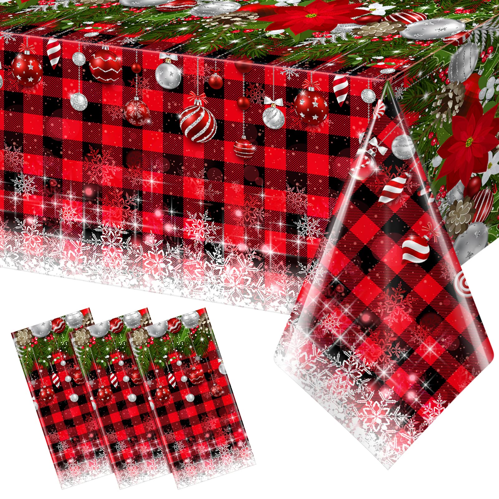 3Pcs Christmas Buffalo Plaid Snowflake Tablecloths,Plastic Red and Black Checkered Rectangle Christmas Tree Color Ball Table Cover for Winter Xmas New Year Holiday Party Decorations,54x108 inch