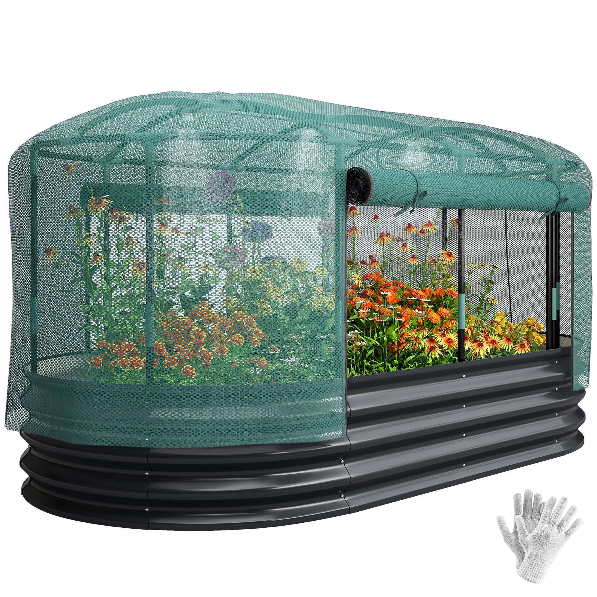 Outsunny Grey Self Watering Oval Raised Garden Bed With Mesh Cover 180 X 90 X 93Cm