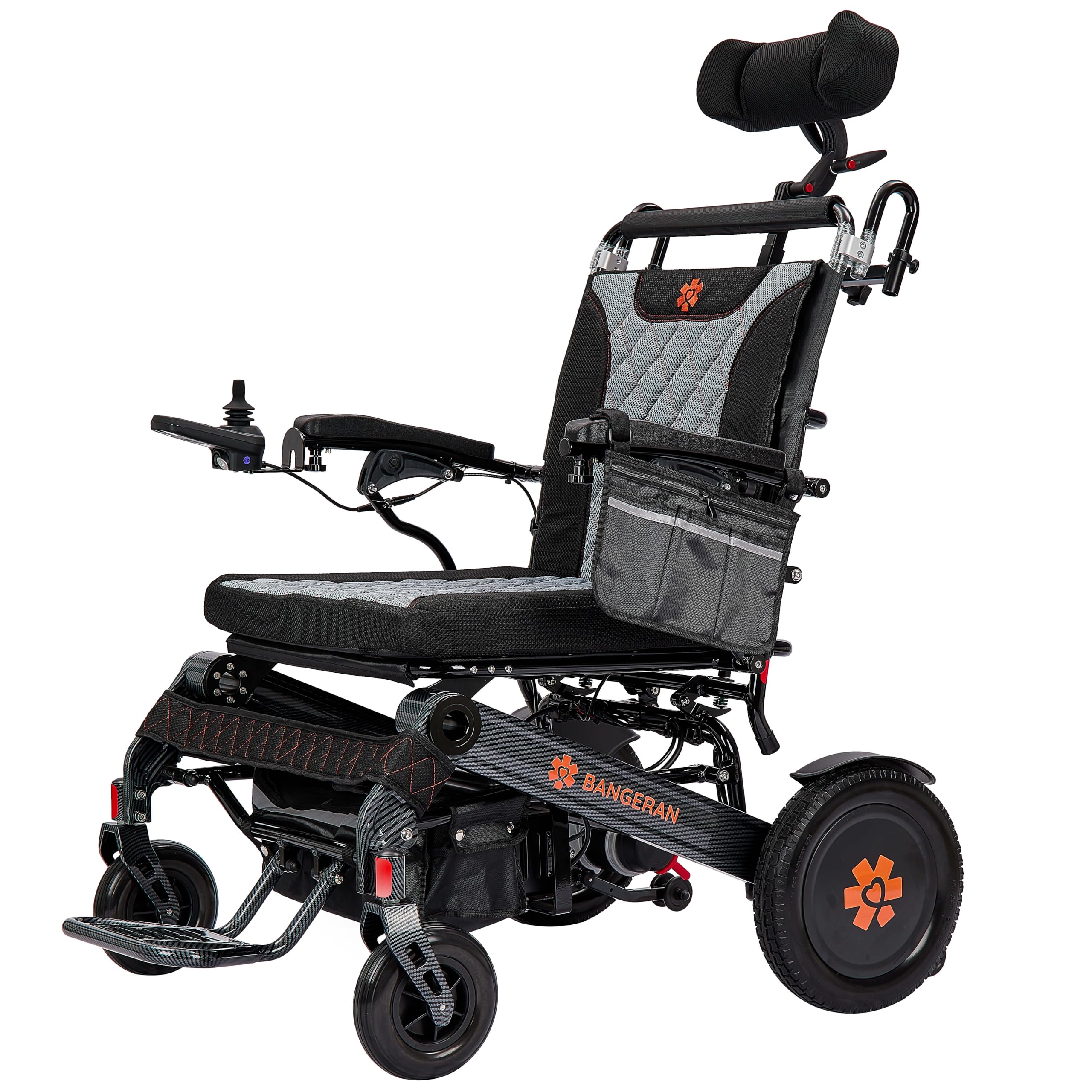 Фронт view of Bangeran Mammoth EX Auto Recline Power Wheelchair with adjustable headrest and joystick