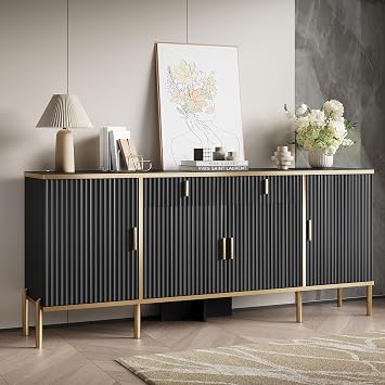 oneinmil 60 Modern Sideboard Buffet Cabinet, Fluted Storage Sideboard with Adjustable Shelves & Pop-Up Doors, Multifunctional Accent Cabinet for Kitchen, Living Room, Hallway, Black and Gold