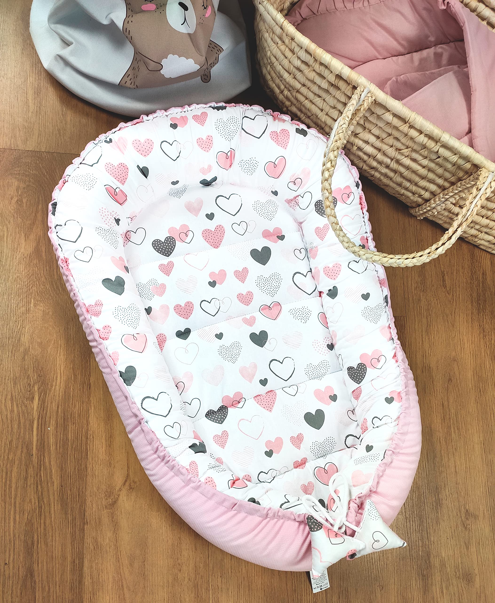 PIMKO Nido para bebé de 2 caras, con capullo, antialérgico, para recién nacidos, 90 x 55 cm, algodón y terciopelo (corazones rosas)