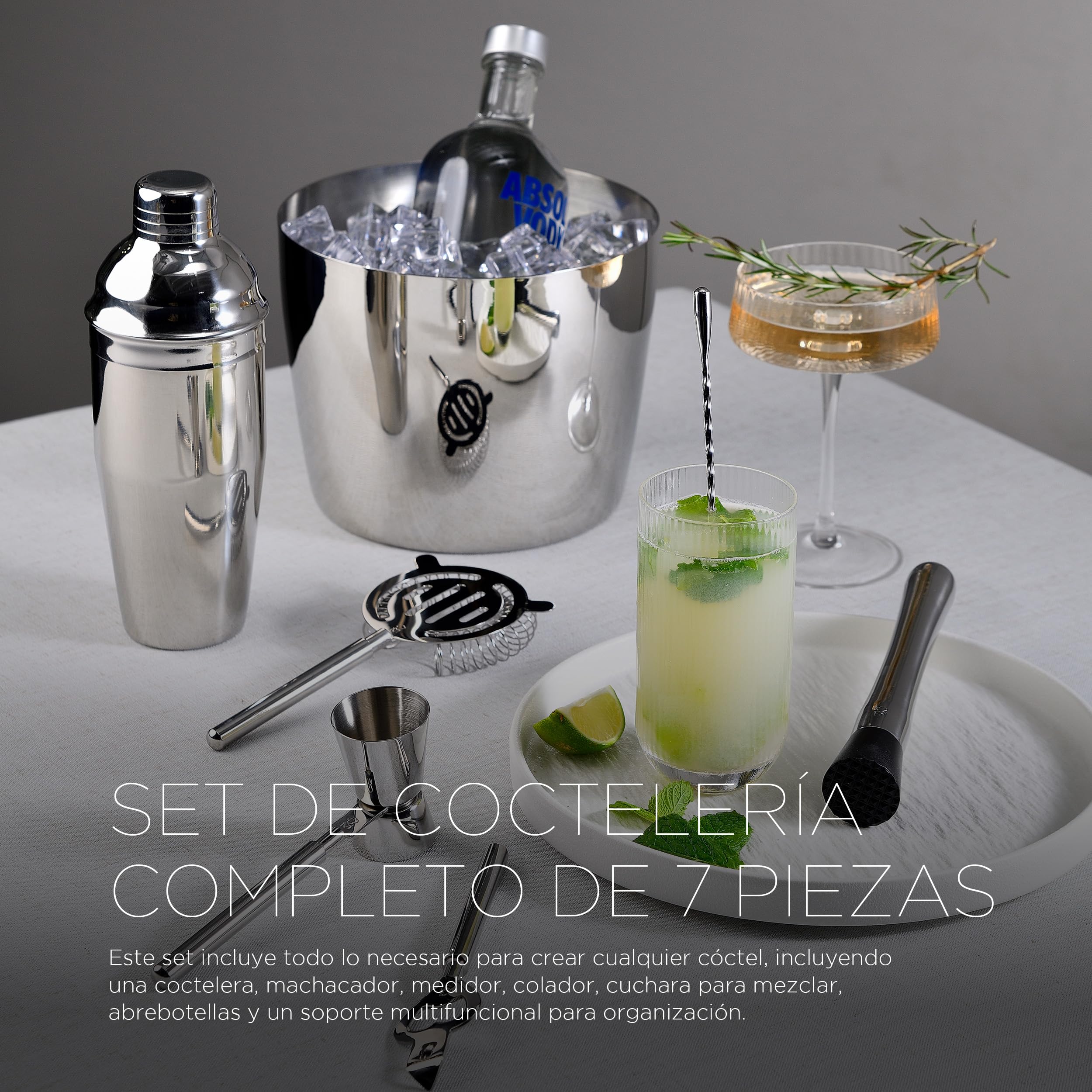 MasterPRO The Drop - Juego de 6 Piezas de Cóctel Acero INOX - Incluye Colador, Abrebotellas, Cuchara Larga, Coctelera, Jigger, Triturador - Elegante y Profesional