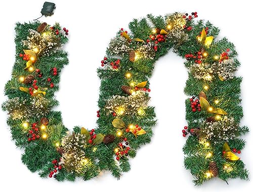 Miniatura 4 de Guirnalda de Navidad de 9 pies con conos de pino, y grandes agujas de pino de copo de nieve e inserta brochetas de frutas rojas en hojas amarillas,