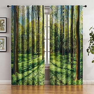 FMFUNCTEX 100% Blackout Curtains 84 Inches Long Green Tree Forest Curtai...