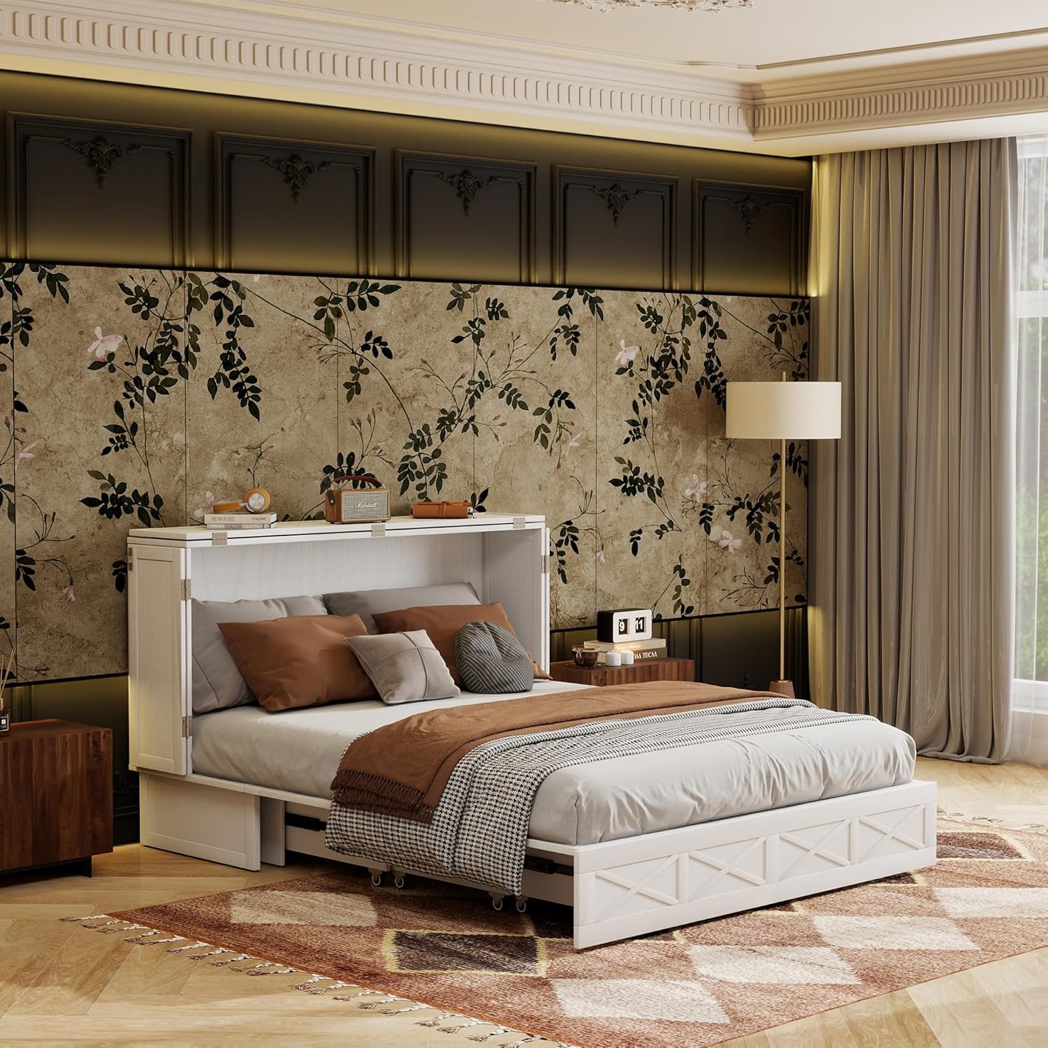 Solid Wood Murphy Bed Without Mattress: Solid Wood Queen Murphy Bed with Storage Drawer and Built-in USB Charging Station, Hidden Bed Furniture for Multipurpose Area, Diamond Ivory White-22