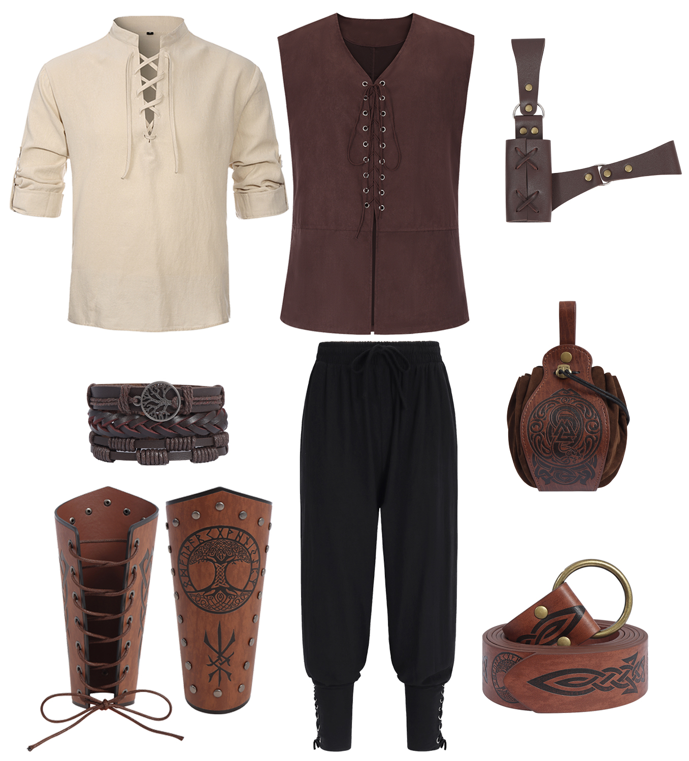 T-shirt Lino Medievale Uomo Taglie Forti – Camicia Vichinga Con Scollo A V, Maniche Lunghe, Ricamo Vegvisir, Bianca 4XL - 4