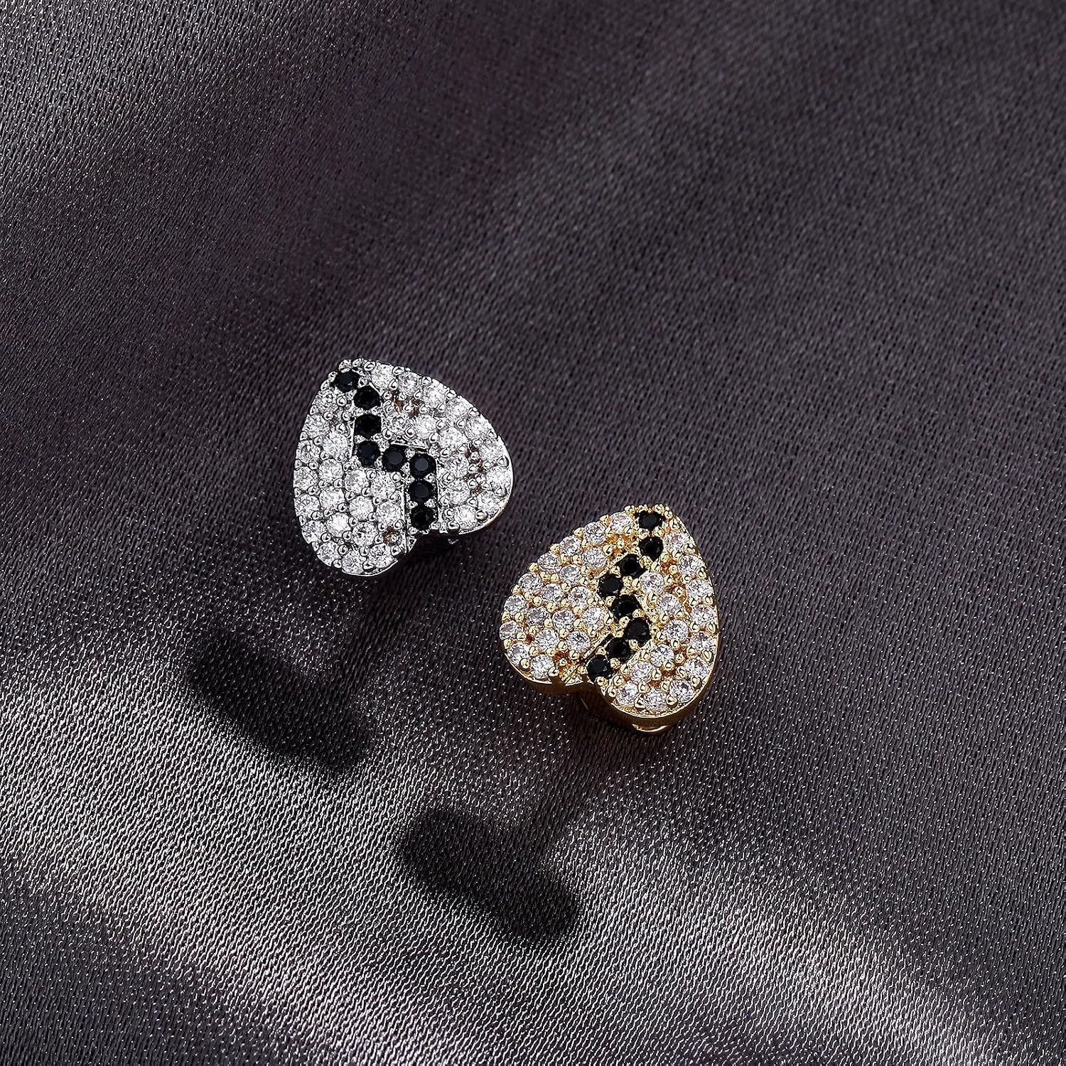 2Pcs 14K Gold Plated Hip Hop Grillz Tooth Cap Heartbroken Iced Out Diamond Teeth Grills for Your Teeth Grillz for Men Women Rapper Halloween Costume