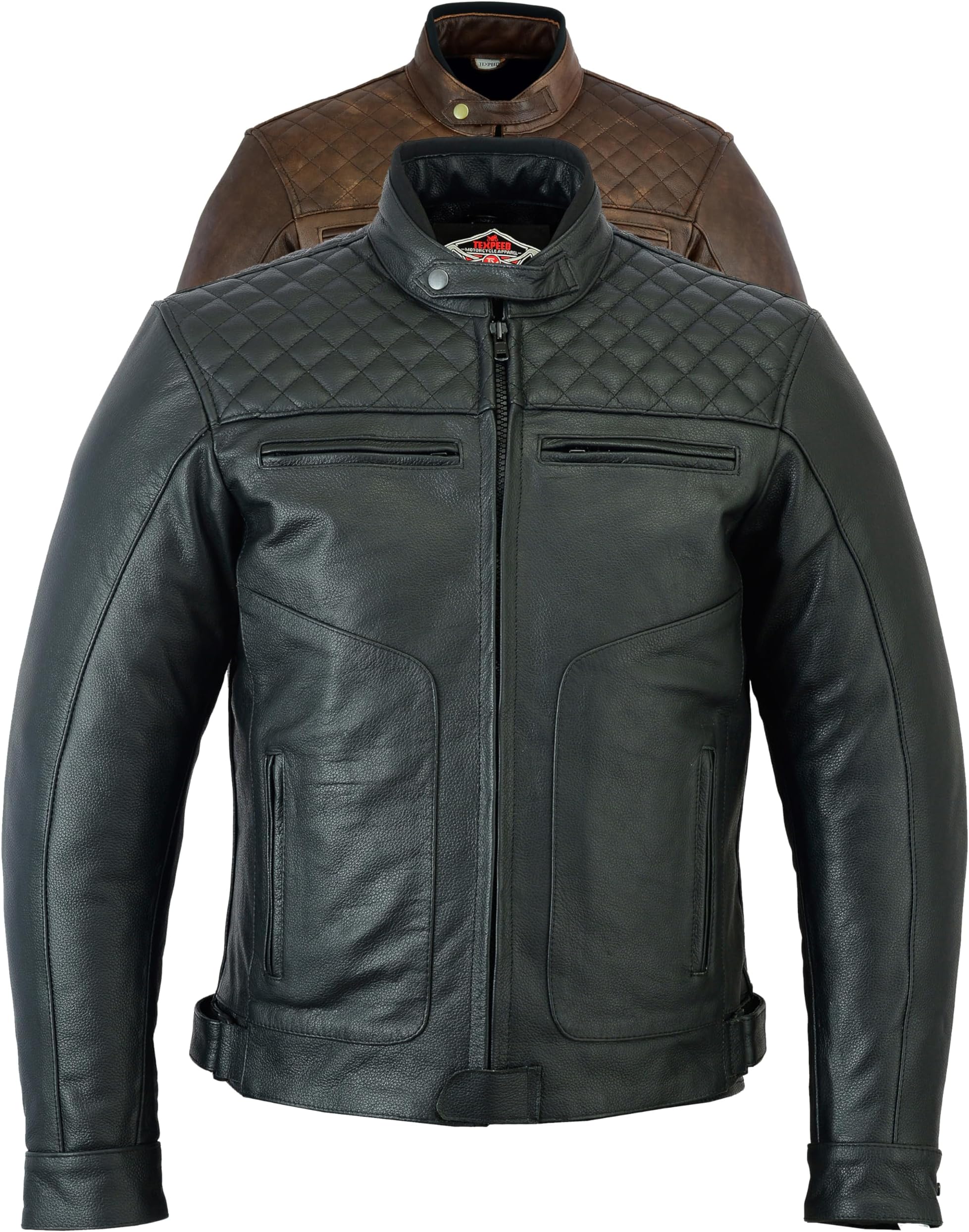 Texpeed Mens Leather Motorcycle Jacket - Touring Motorbike Jacket With Genuine Biker CE Armour (EN 1621-1) Protection Quilted Diamond Stitched Design - Black - M