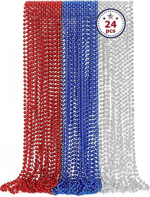 4th of July Necklace Decorations, 24PCS Fourth of July Beads Party Favors Bulk, Red Blue Silver Necklace, Independence Day Bead Bulk for Patriotic Parade Party Celebration Favors Decor