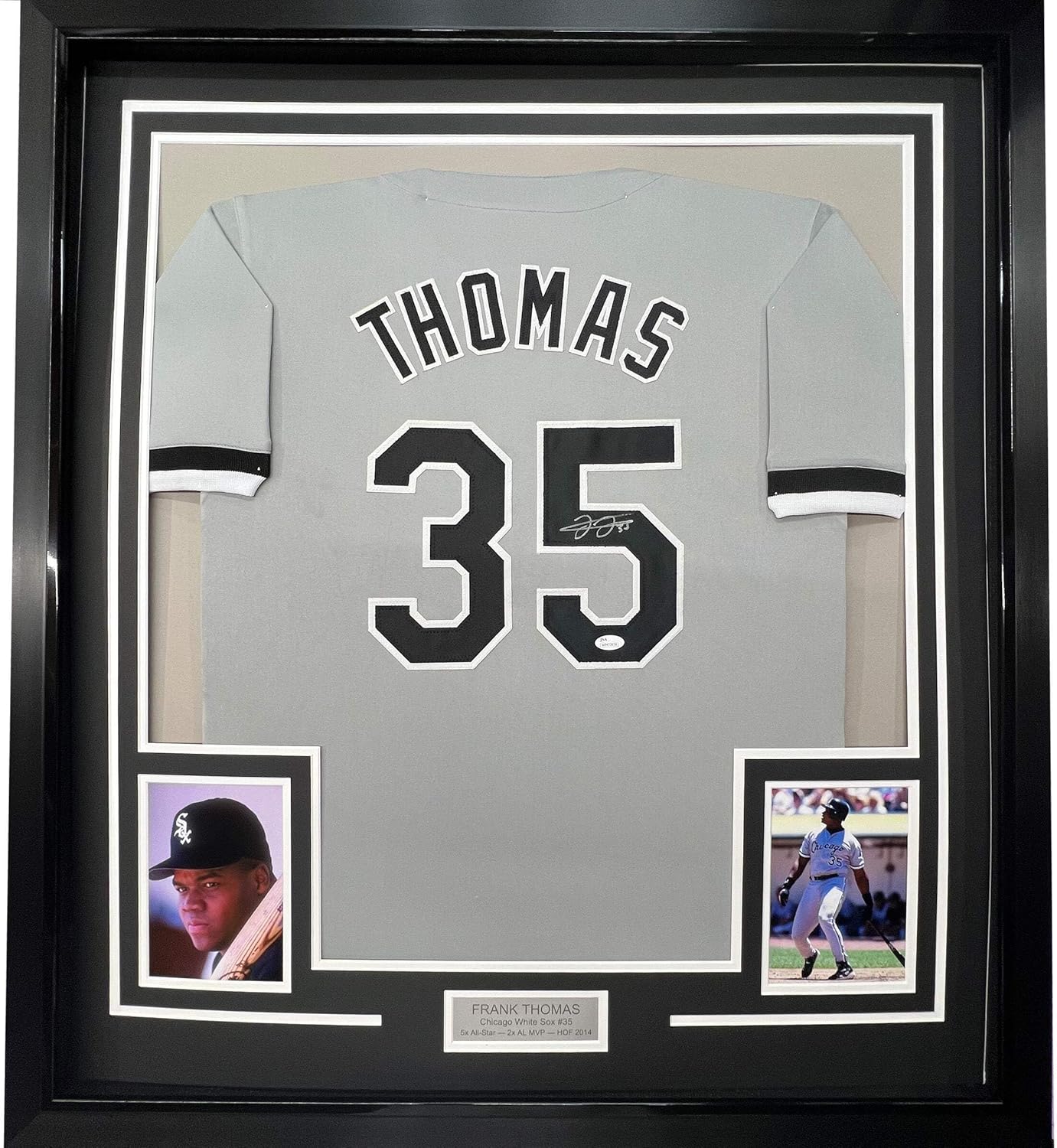 Framed Autographed/Signed Frank Thomas 33x42 Chicago Grey Baseball Jersey JSA COA