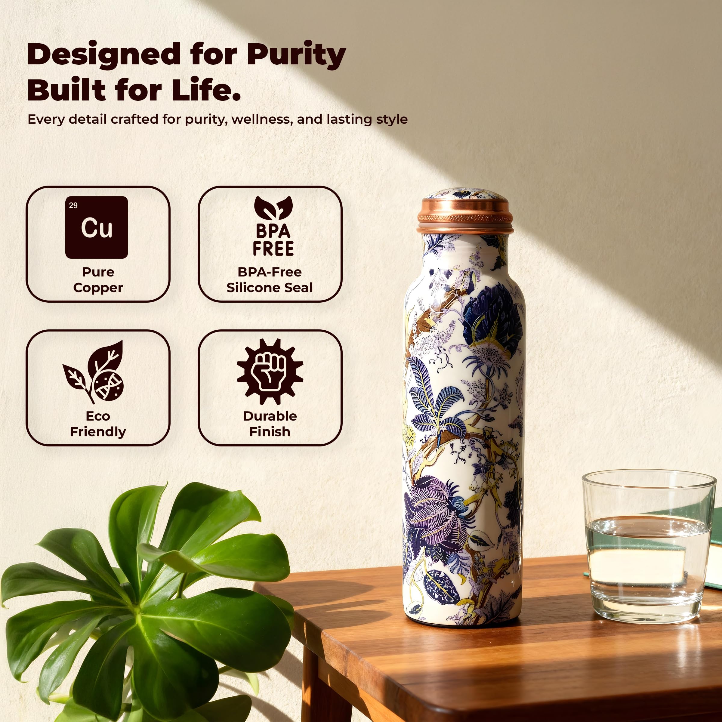 Botella de agua de cobre ayurvédica de 32 onzas, recipiente de cobre puro para beber, botella de cobre a prueba de fugas con bolsa de transporte para deportes, fitness, yoga