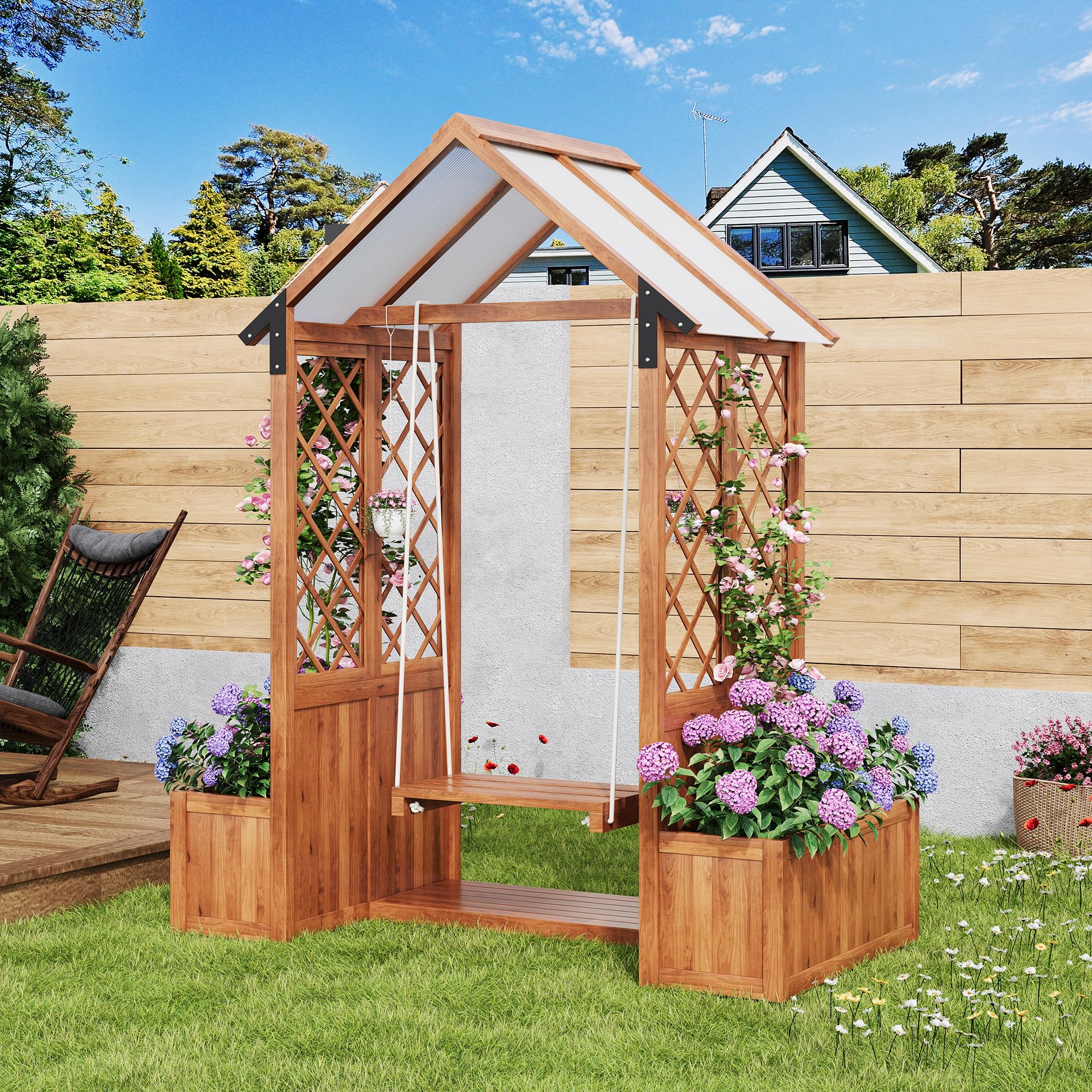 BTM Jardinera con celosía, maceta con columpio, jardineras al aire libre con toldo de policarbonato, bandeja de planta para jardín, patio, terraza, 142x70x163 cm, marrón
