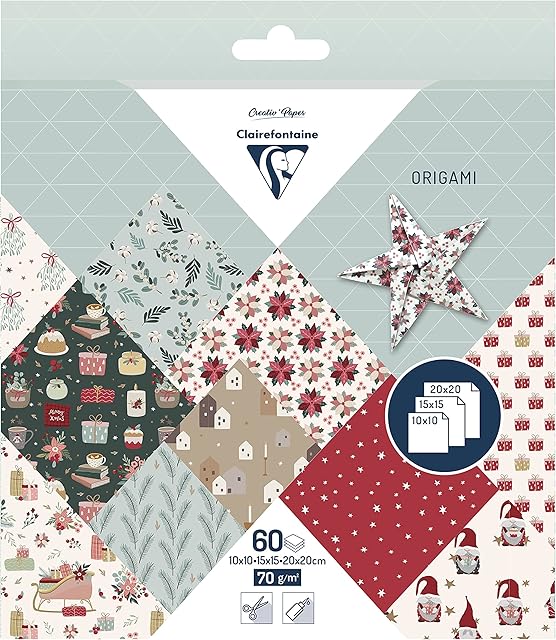 Clairefontaine 95370C - 60 Sheets of Origami Paper, 70g, 3 Sizes: 10x10cm, 15x15cm, 20x20cm - Cozy Christmas