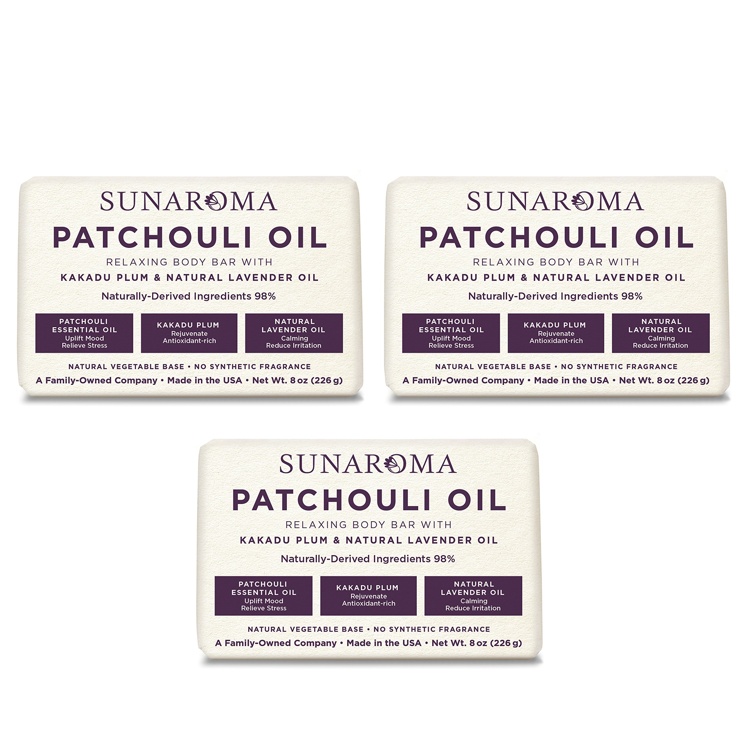 Sunaroma Skin Care, Relaxing Patchouli Oil Body Bar, 8 oz (3 Packs)
