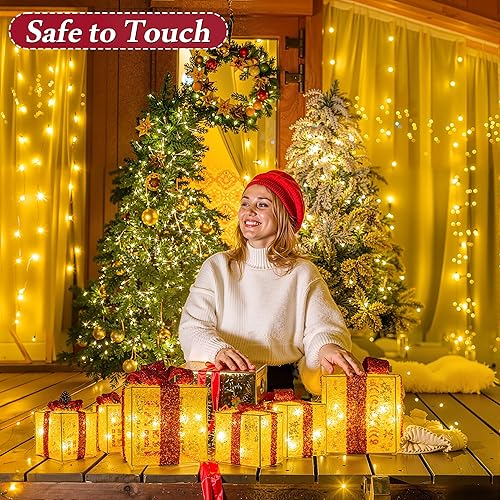 Miniatura 7 de Juego de 3 cajas de regalo iluminadas de Navidad, 60 luces LED blancas cálidas preiluminadas, cajas de regalo decorativas para vacaciones,