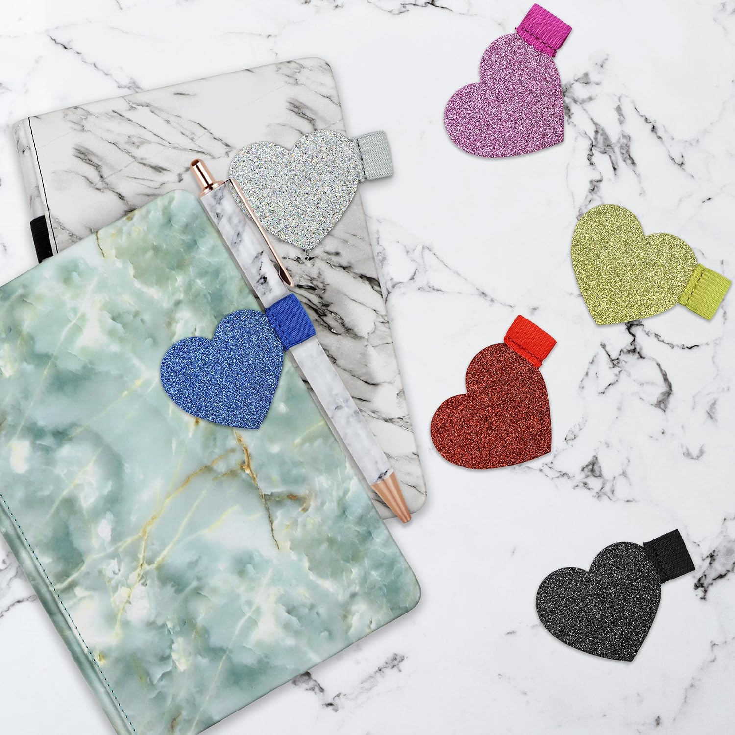Heart Pen Loop Colourful Glitter - 6pcs Adhesive Pen Holder Elastic Designed for Fridge, Notebooks, Calender, Laptop, Desk - by Naitefly