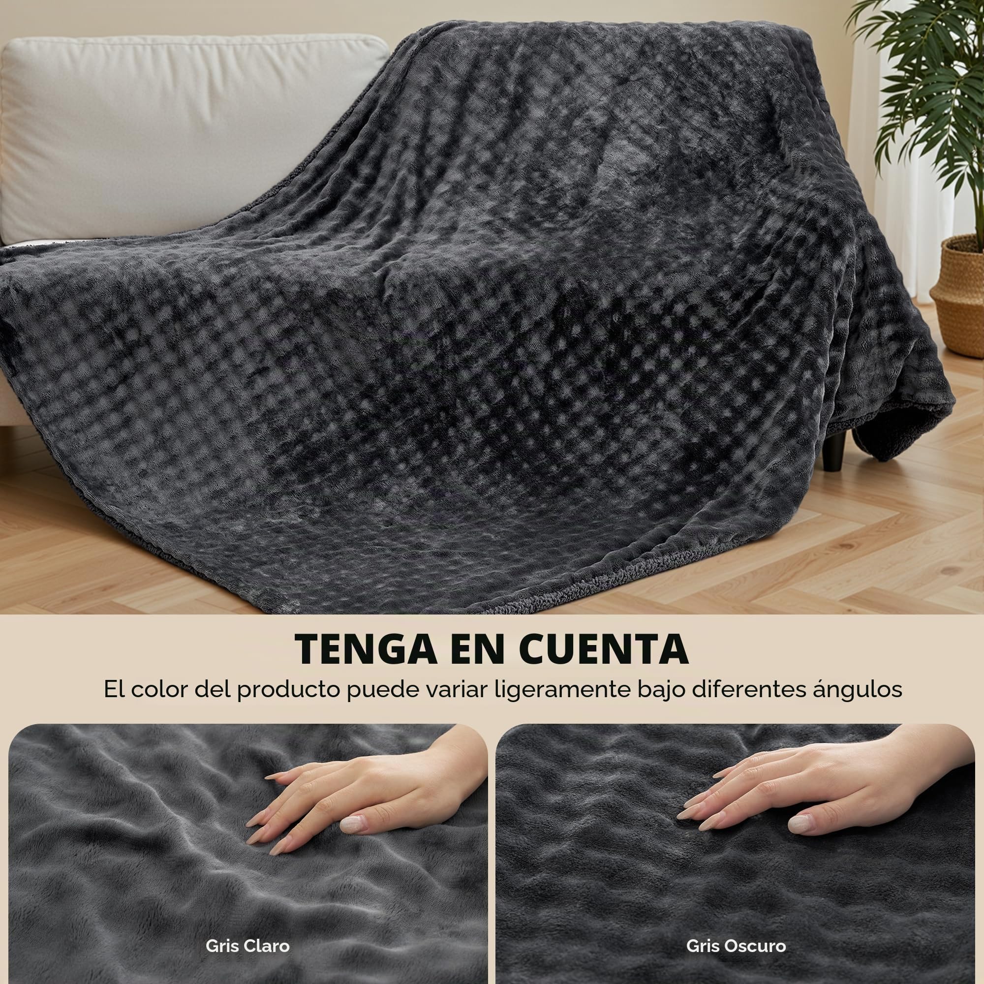 Manta Eléctrica 150x200 cm, Tejido 3D de Burbujas y Vellón Sherpa, 6 Niveles de Calor, Temporizador 1-10H, Manta Eléctrica Doble Cara para Cama Sofá Oficina, Lavable a Máquina, Idea de Regalo, Gris