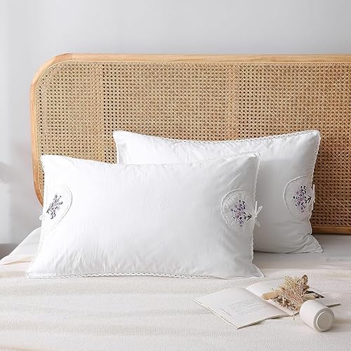 Miniatura 3 de Fundas de almohada bordadas blancas, fundas de almohada de flores de lavanda con encaje, 100% algodón, paquete de 2 unidades, tamaño King (36 x 20