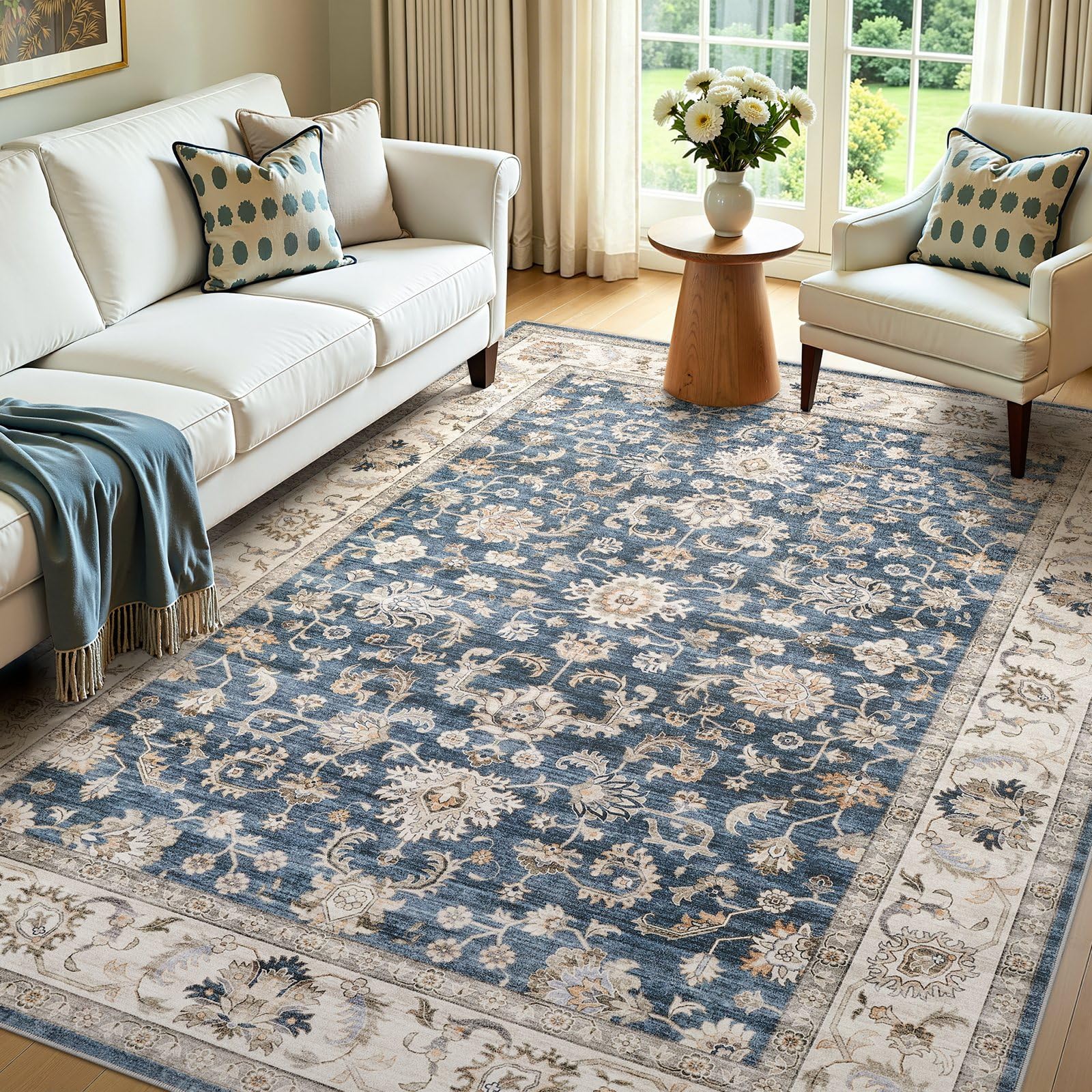 WITSHOCK Washable Area Rug 6x8 Non-Slip Floral Boho Indoor Carpet, Blue