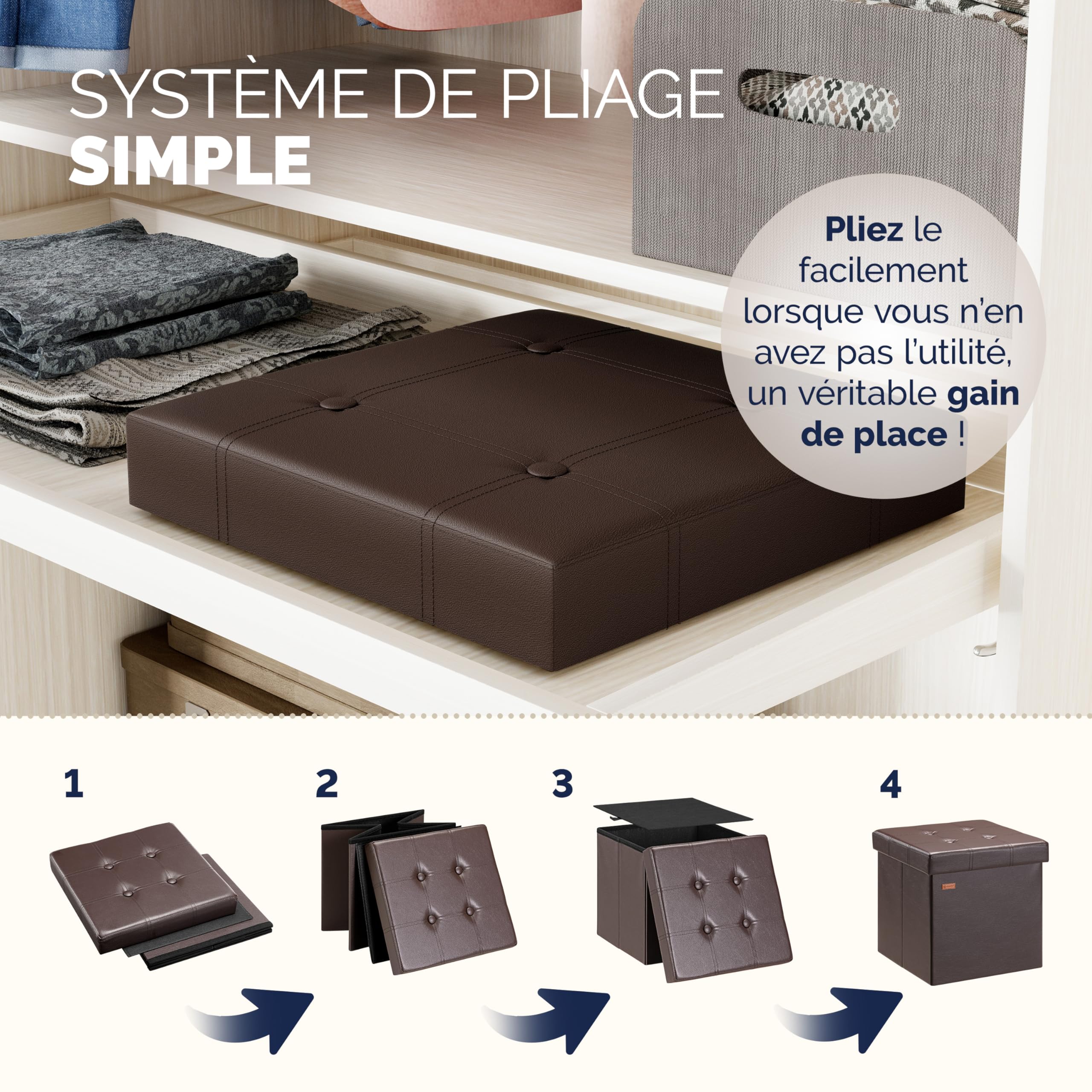 Casaria® 2X Tabouret Cube Brun avec Espace de Rangement Pouf 38 x 38 x 38 cm Coffre de Rangement Similicuir Repose-Pied