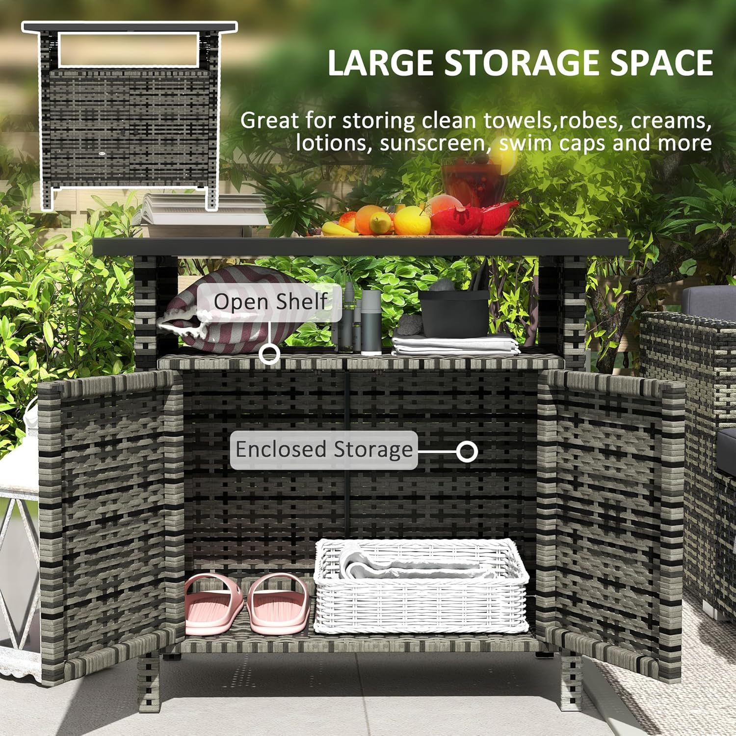 Outsunny Wicker Outdoor Storage Cabinet, Rattan Outdoor Bar Table with 2 Doors and Shelf, Outdoor Buffet Cabinet Sideboard with Metal Slatted Countertop for Poolside, Patio, Backyard, Mixed Gray