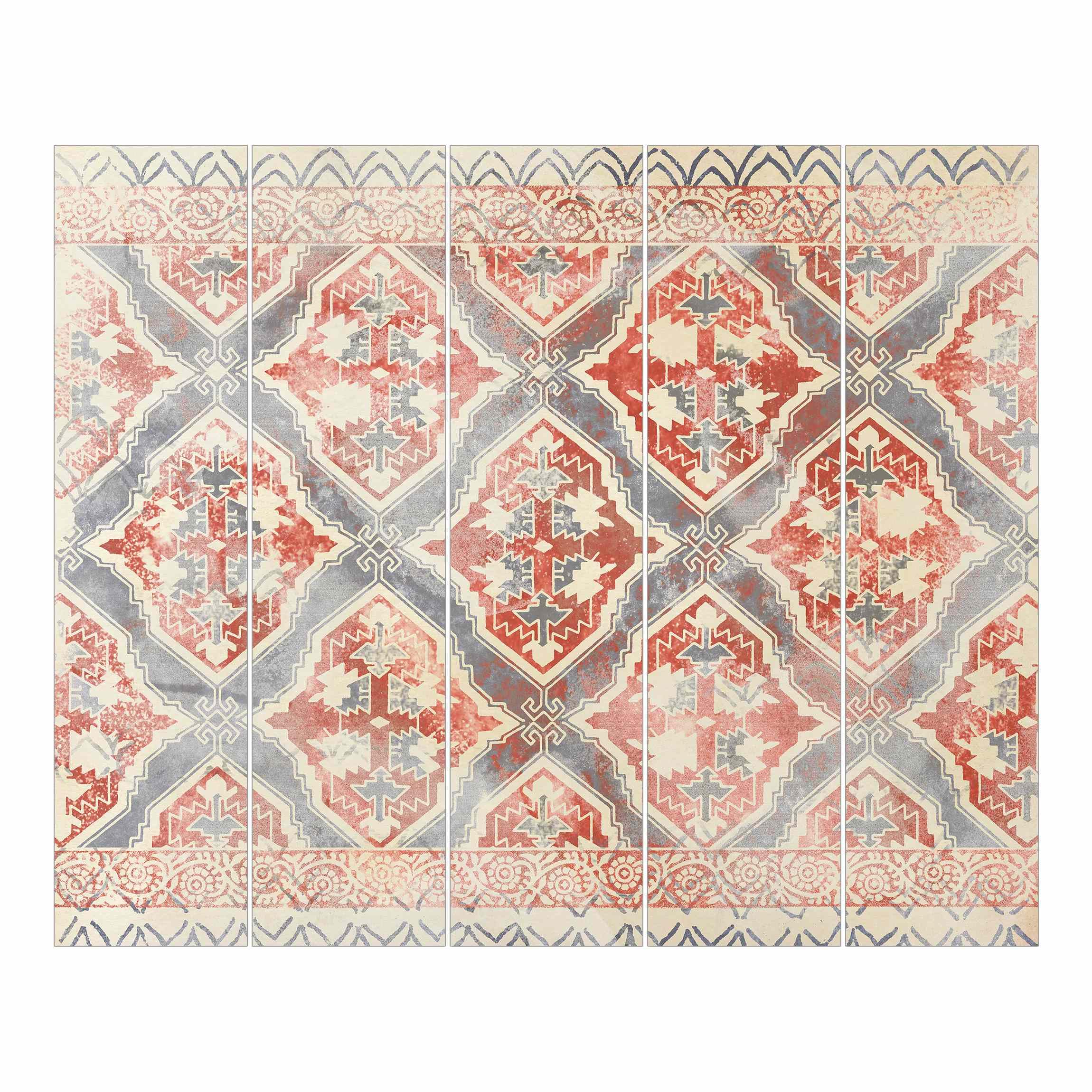 Schiebegardine halbtransparent 60er Paneel Klett Muster Textil lichtdurchlässig - Motiv Vintage Flächenvorhang rot Wohnzimmer Schlafzimmer 2445 (300x250 cm - 5er Set)