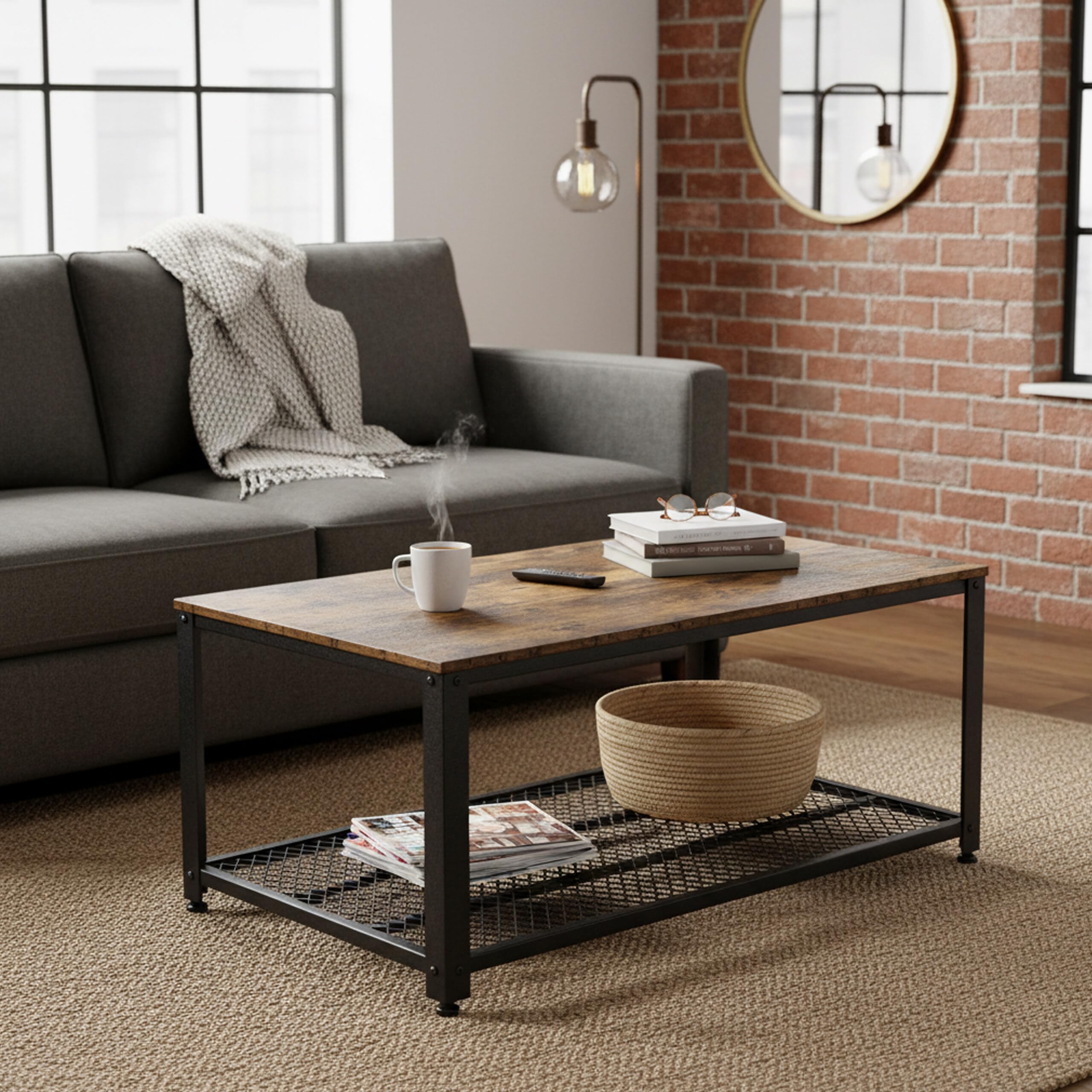 Relaxdays Mesa de Centro Industrial en Madera con Rejilla, 45x106x60 cm, marrón/Negro