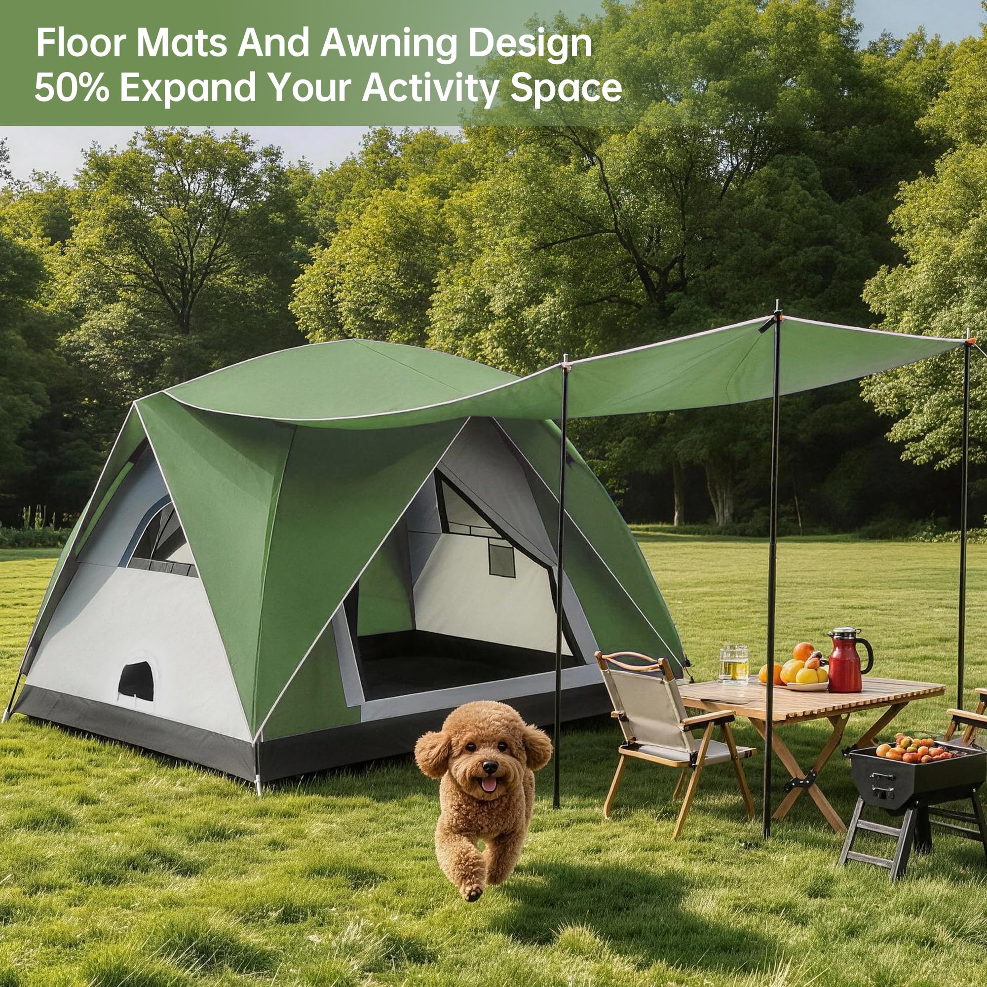 Tente de camping dôme pour 2 à 3 personnes avec salon et auvent – Double couche imperméable à l'eau, légère et facile à installer, sac de transport portable pour la randonnée, 210 x (210 + 150 cm) x