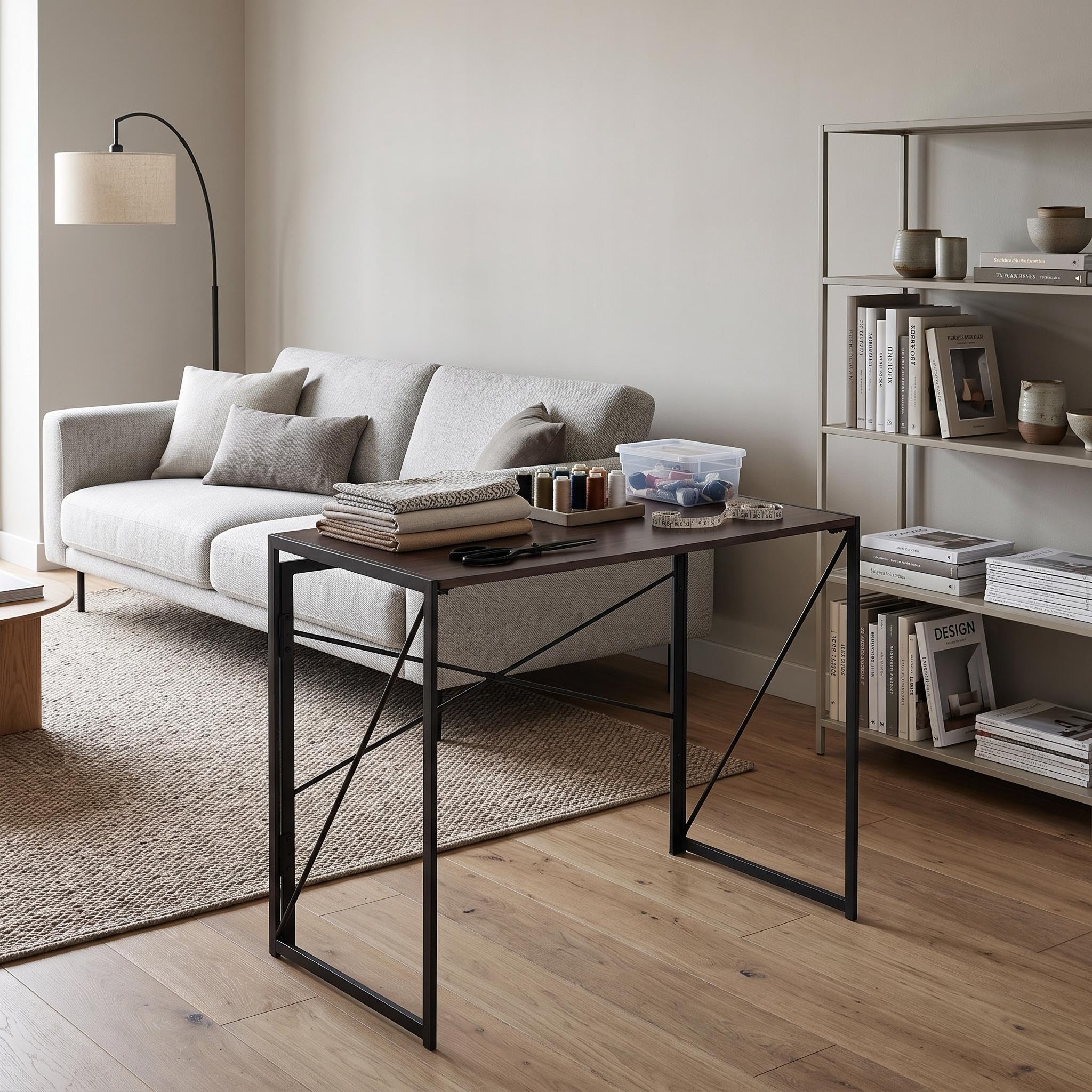 FurnitureR Tables de Couture et D'artisanat, Bureau Créatif et Efficace, Table Multifonctionnelle avec Rangement Pliable, Cadre en MDF et Métal, Pas de Montage Nécessaire, 100 x 50 x 75cm, Nnoyer