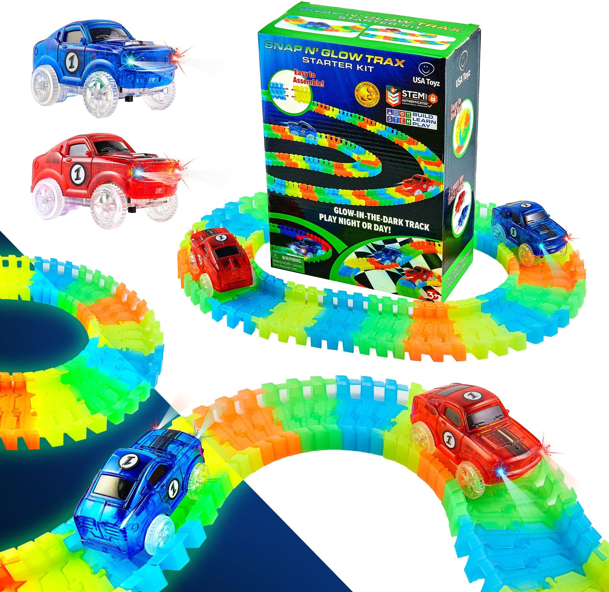 USA Toyz Glow Tracks Starter Kit Race Tracks and 2 LED Toy Cars - 216pk Glow in The Dark Bendable Flexible Rainbow Race Track Set with 2 Light Up Car Toys, STEM Building Toys for Boys and Girls