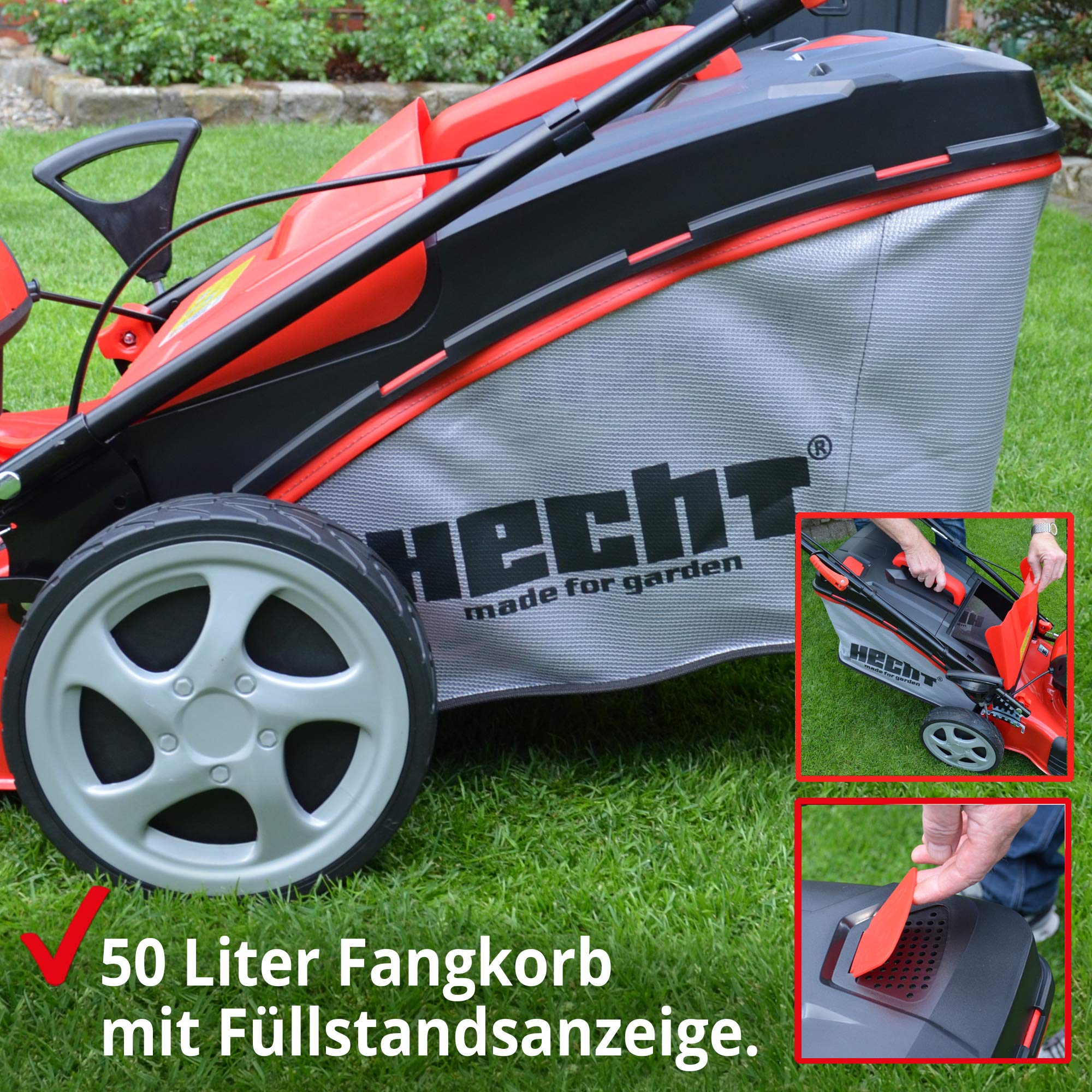 HECHT 5-IN-1 Elektro Rasenmäher mit 1.800 Watt Motor, 46 cm Schnittbreite, Radantrieb, Mulchfunktion, zentrale 7-Fach Schnitthöheneinstellung und 50 Liter Fangkorb für einen schön gepflegten Rasen