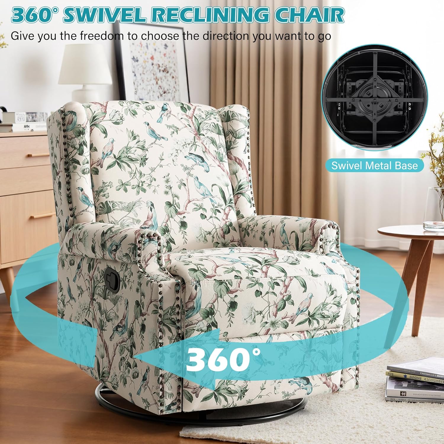 UIXE Swivel Glider Floral Recliner Chair, High Back Swivel Rocker Fabric Accent Chair for Living Room, Rivet Trim Upholstered Armchair Manual Sofa Seating - Bird Pattern
