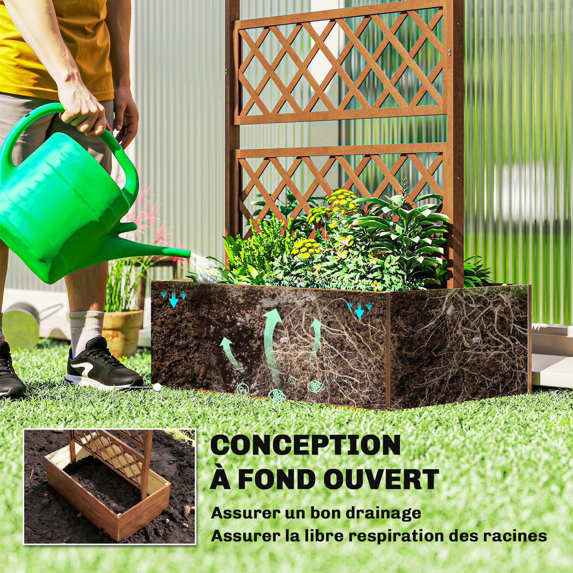 Outsunny Jardinière Surélevée avec Treillis et Barres de Toit, bac à Fleurs, lit surélevé Trous de Drainage, Tissu Non tissé, pour Plantes grimpantes, légumes, extérieur, Bois Massif, Marron