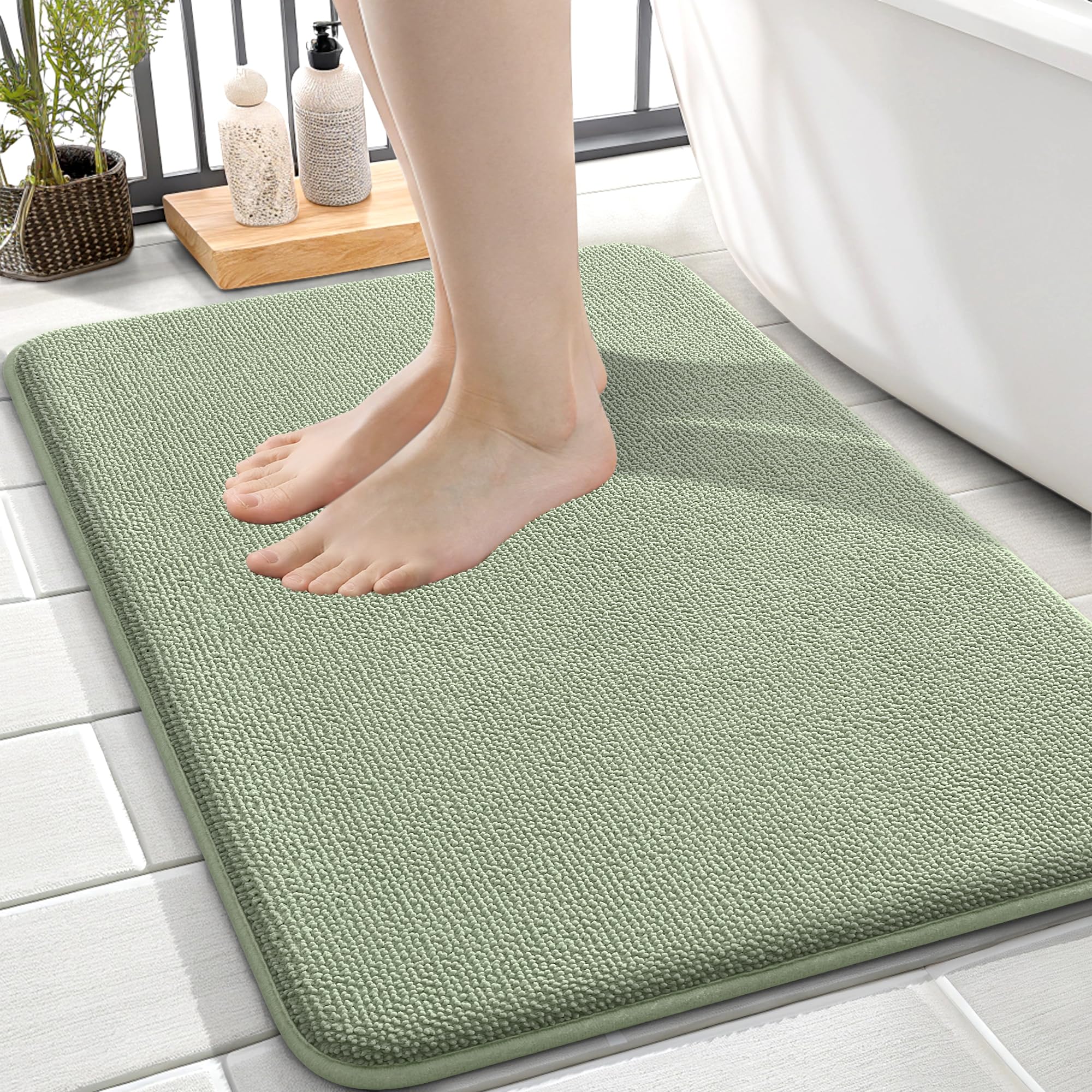 OLANLY Memory Foam Small Bathroom Rug 24x16, Absorbent Bath Mat, Sage Green