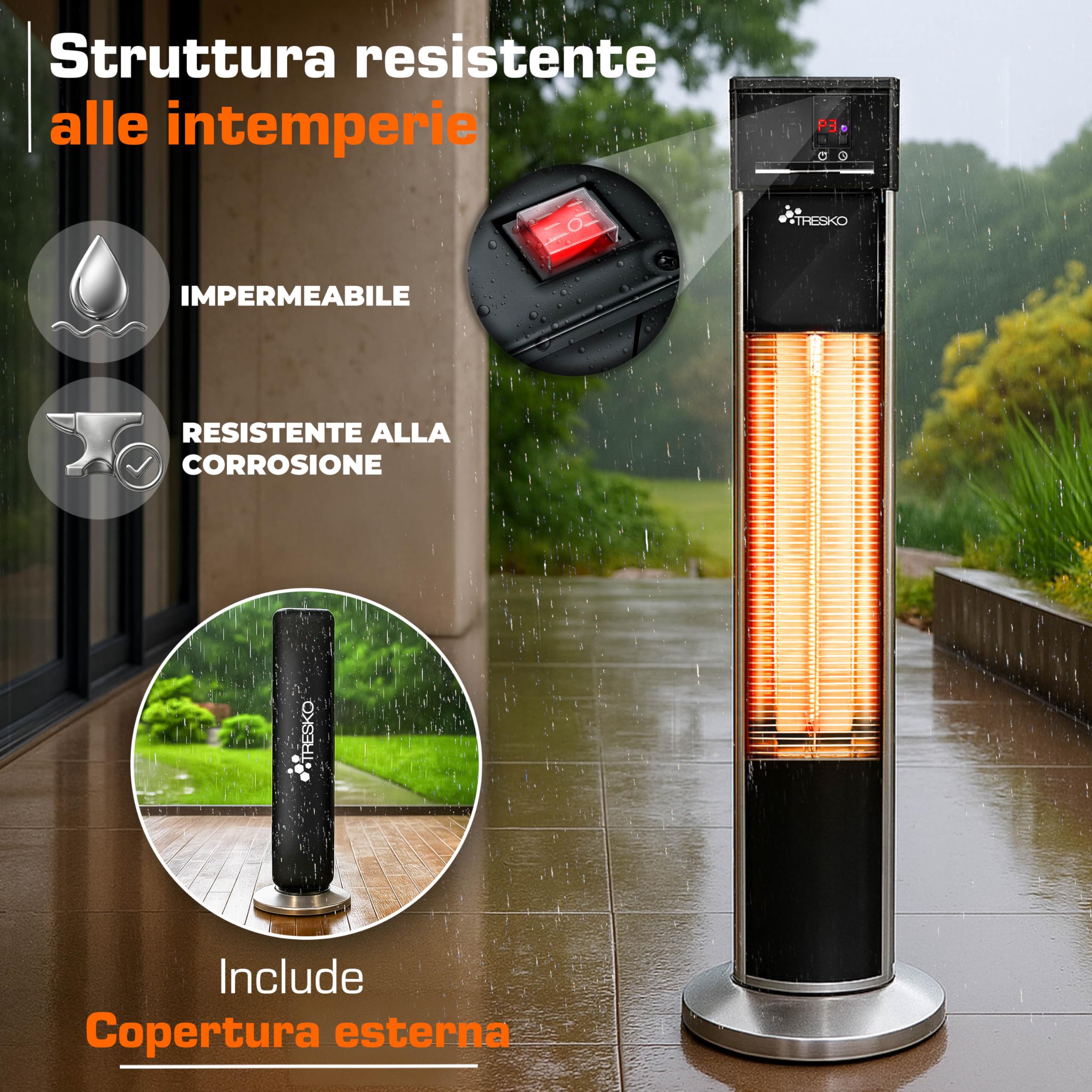 TRESKO Stufa a Infrarossi 2000W Torre Telecomando 3 Livelli Calore Riscaldatore Elettrico da Terrazzo