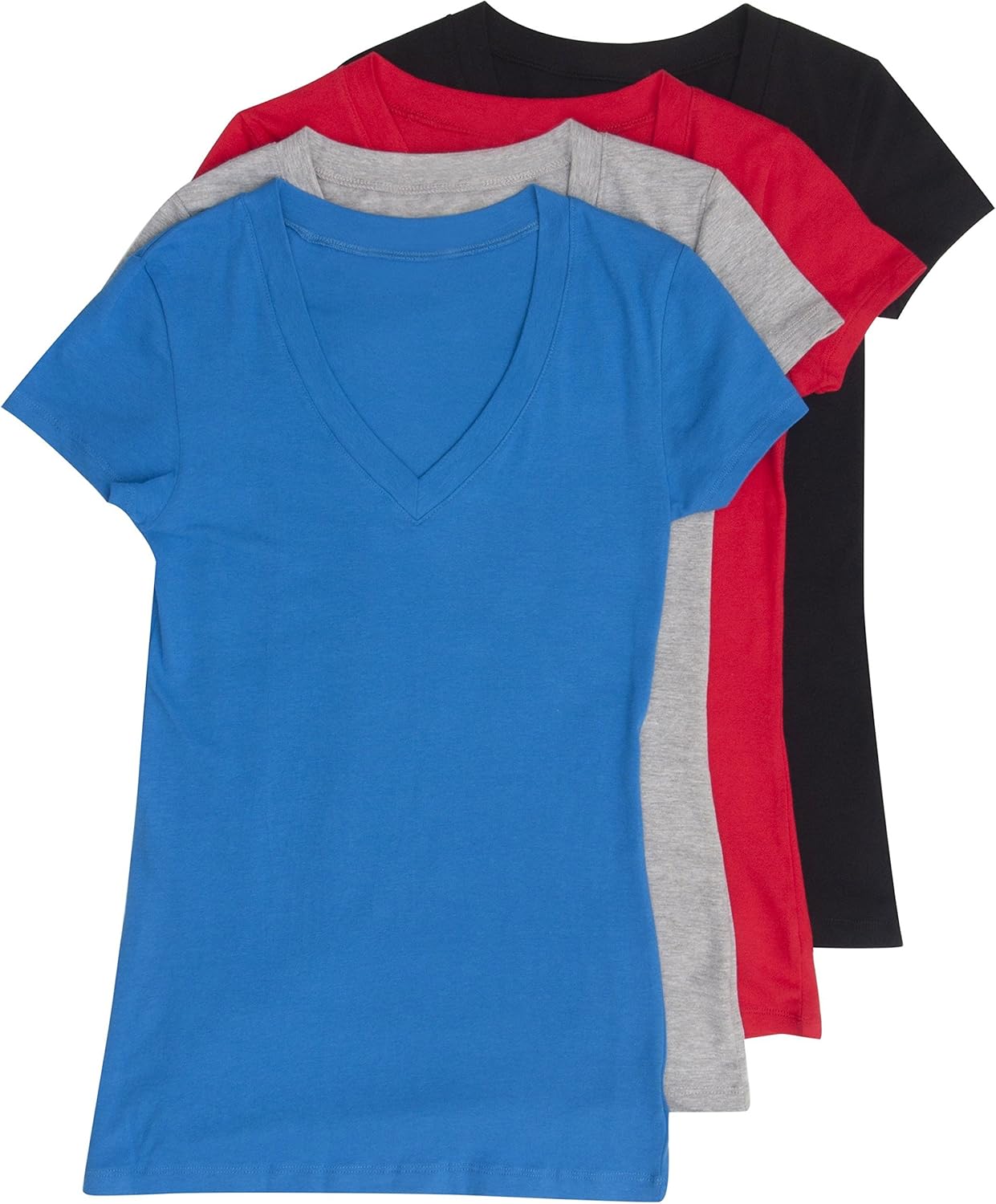 4 Pack Zenana Women's Basic V-Neck T-Shirts Med Black, H Gray, Red, B Blue