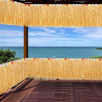 Fovths 2 Pieces Luau Grass Table Skirt 36 feet x 29.5 inch Fringe Banner Grass Table Skirt Natural Hawaiian Straw Grass Skirt for Tiki Bar Roof Summer Beach Tropical Party Decorations, Straw Yellow