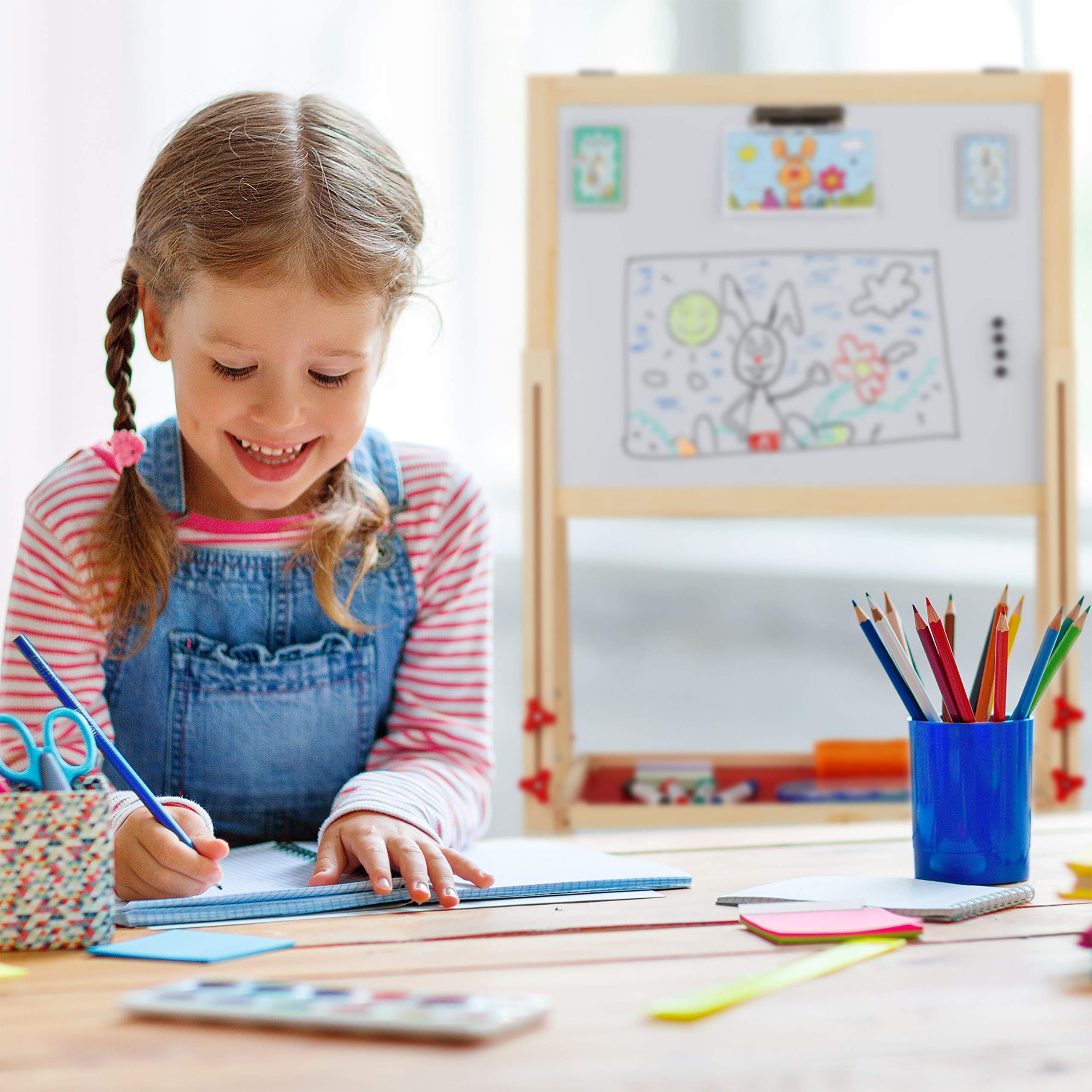 Relaxdays Lavagnetta per Bambini, Regolabile in Altezza & Magnetica in Legno Pieghevole 102-135x55x52 cm, Legno Naturale