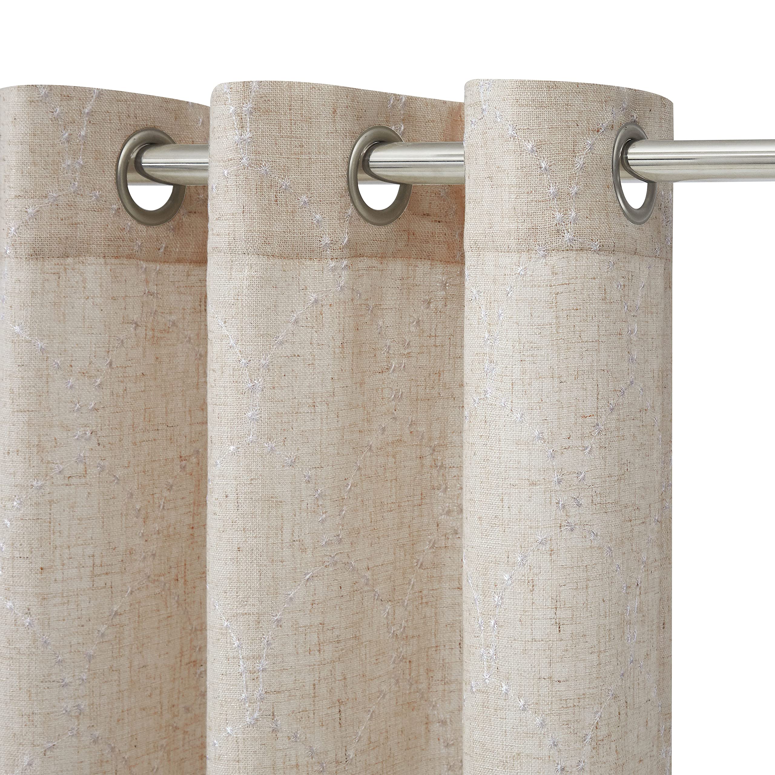 AUFENLLY Embroidery Linen Curtain 84 inch Length 1 Panel Boho Curtains for Living Room Curtains White Linen Curtains Bohemian Curtain for Girls Bedroom, Beige and Silver (1 Panel 52 x 84 Inch)