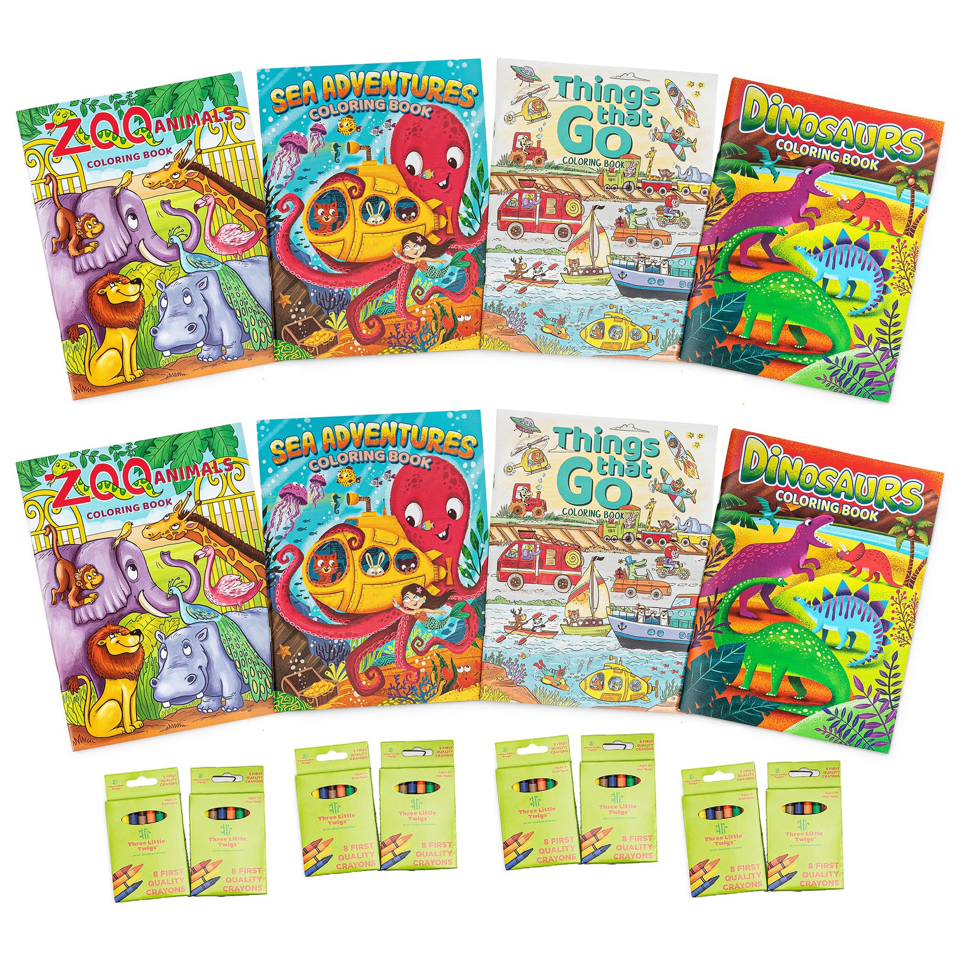 Three Little Twigs: Everyday Coloring Books 16pc Bundle - 8 Books & 8 Packs of 8ct. Crayons - Adventures, Dinosaurs, Things That Go, Zoo, Kids Age 3+