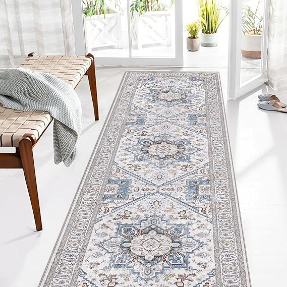 OPPODREAM Soft Entryway Rug 2x8, 2x8 Rug Runner, Neutral Washable Hallways Carpet 2 x 8 with Non Slip Backing, Low-Pile Bedside Carpet 2 x 8, Long, Faux Cashmere, Cream White & Blue & Light Brown