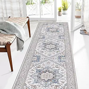OPPODREAM Soft Entryway Rug 2x8, 2x8 Rug Runner, Neutral Washable Hallways Carpet 2 x 8 with Non Slip Backing, Low-Pile Bedside Carpet 2 x 8, Long, Faux Cashmere, Cream White & Blue & Light Brown