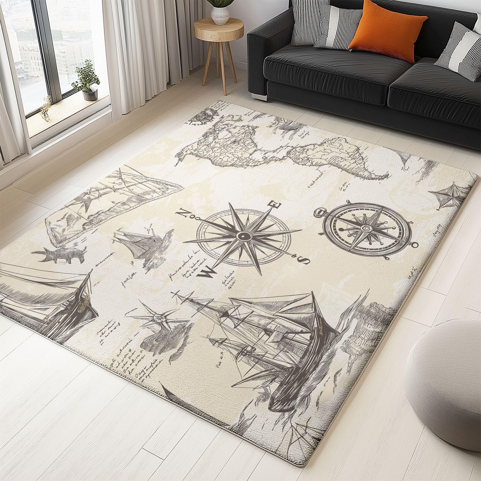 Tapis vintage maritime beige 100x150cm lavable pour salon et enfant