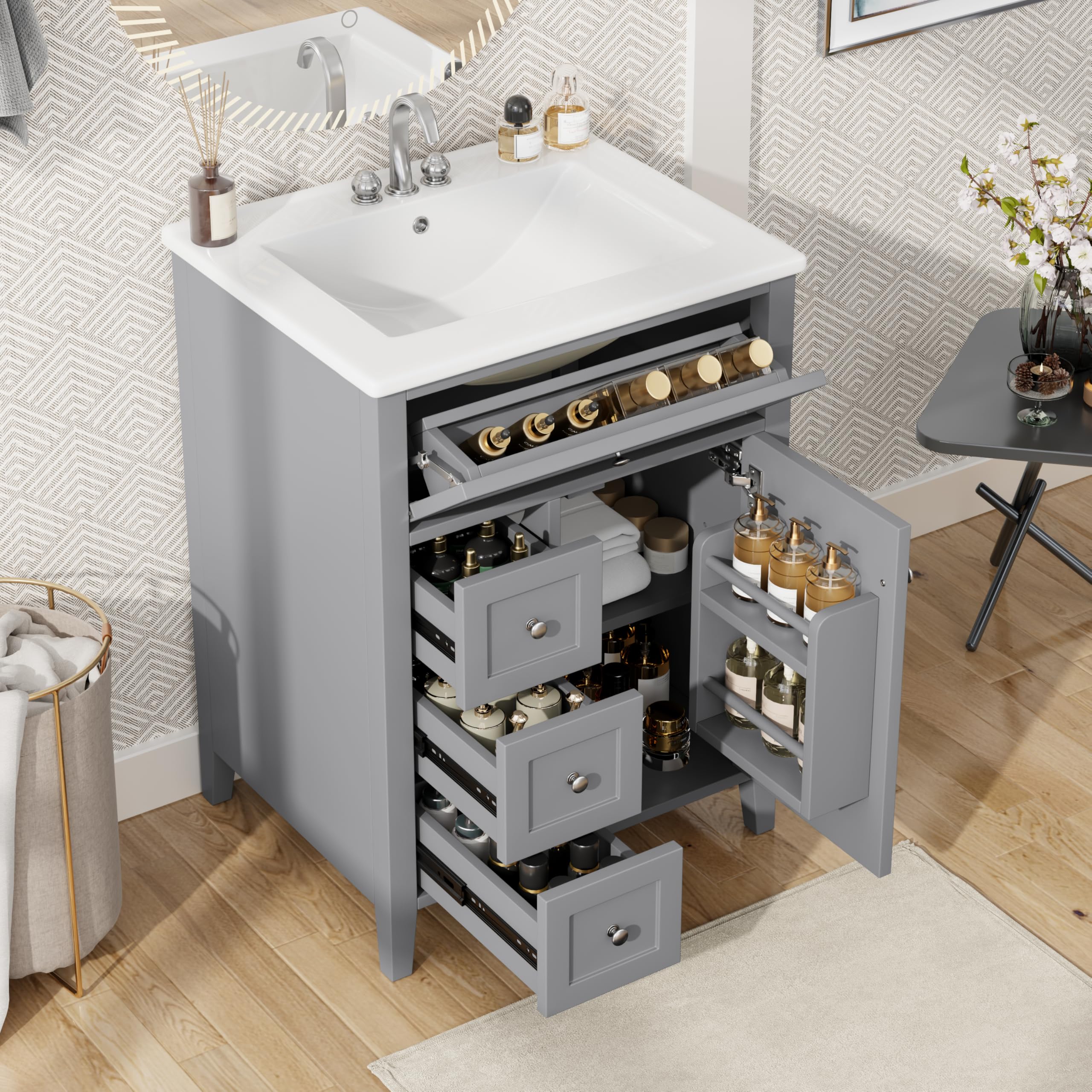 Linique 24" Bathroom Vanity with Sink Combo Set, Solid Wood Frame Bathroom Storage Cabinet with 3 Drawers and a Tip-Out Drawer, Adjustable Shelves, Soft Closing Cabinet Door with Organizer, Grey